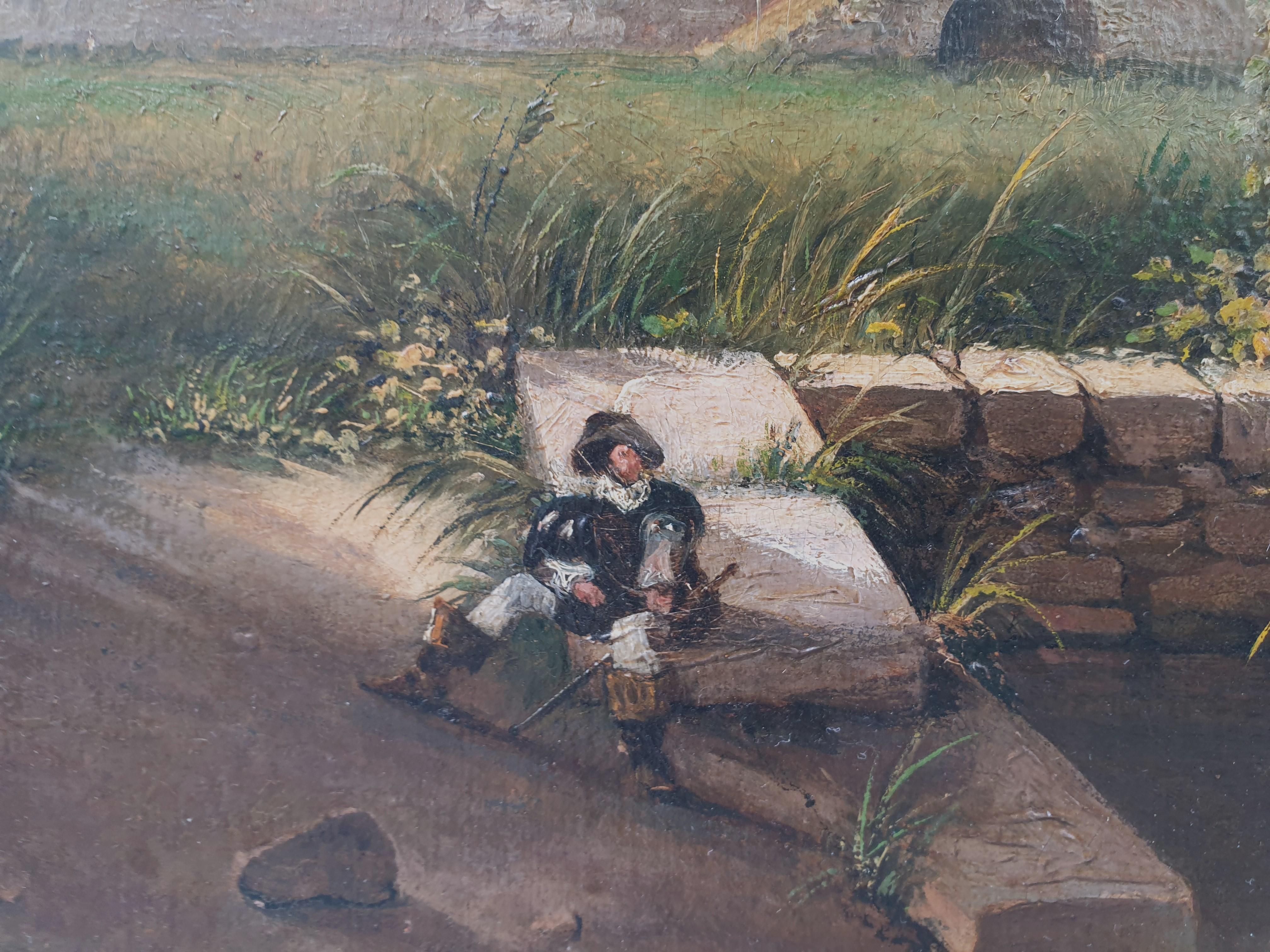 French neoclassical school 19th landscape near Fontainebleau Avon musketeer - Black Landscape Painting by Unknown