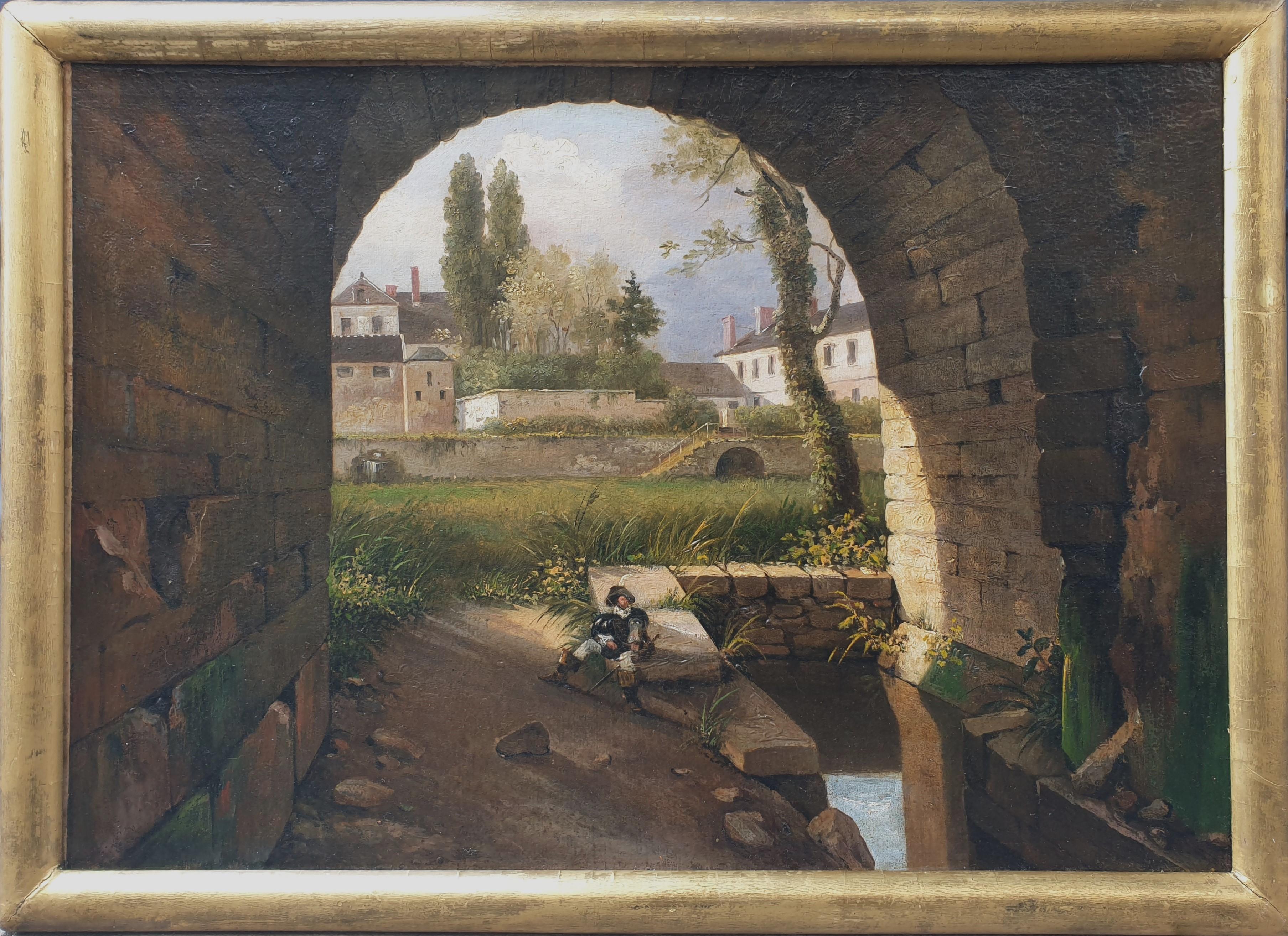 Unknown Landscape Painting - French neoclassical school 19th landscape near Fontainebleau Avon musketeer