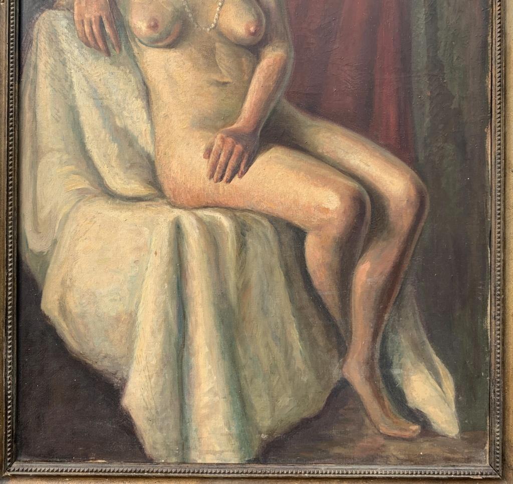 French painter (early 20th century) - Female nude.

100 x 70 cm without frame, 109 x 79 cm with frame.

Antique oil painting on canvas, in a gilded wooden frame (some cracks).

Condition report: Original canvas. Good condition of the pictorial