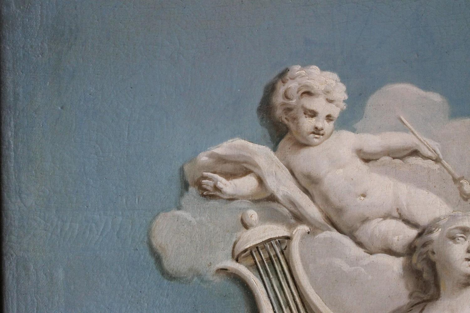 French 19th Century Oil on Canvas Blue and White Music Allegory Cherub Painting  For Sale 6