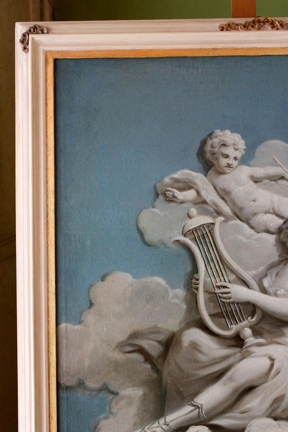 French 19th Century Oil on Canvas Blue and White Music Allegory Cherub Painting  For Sale 7