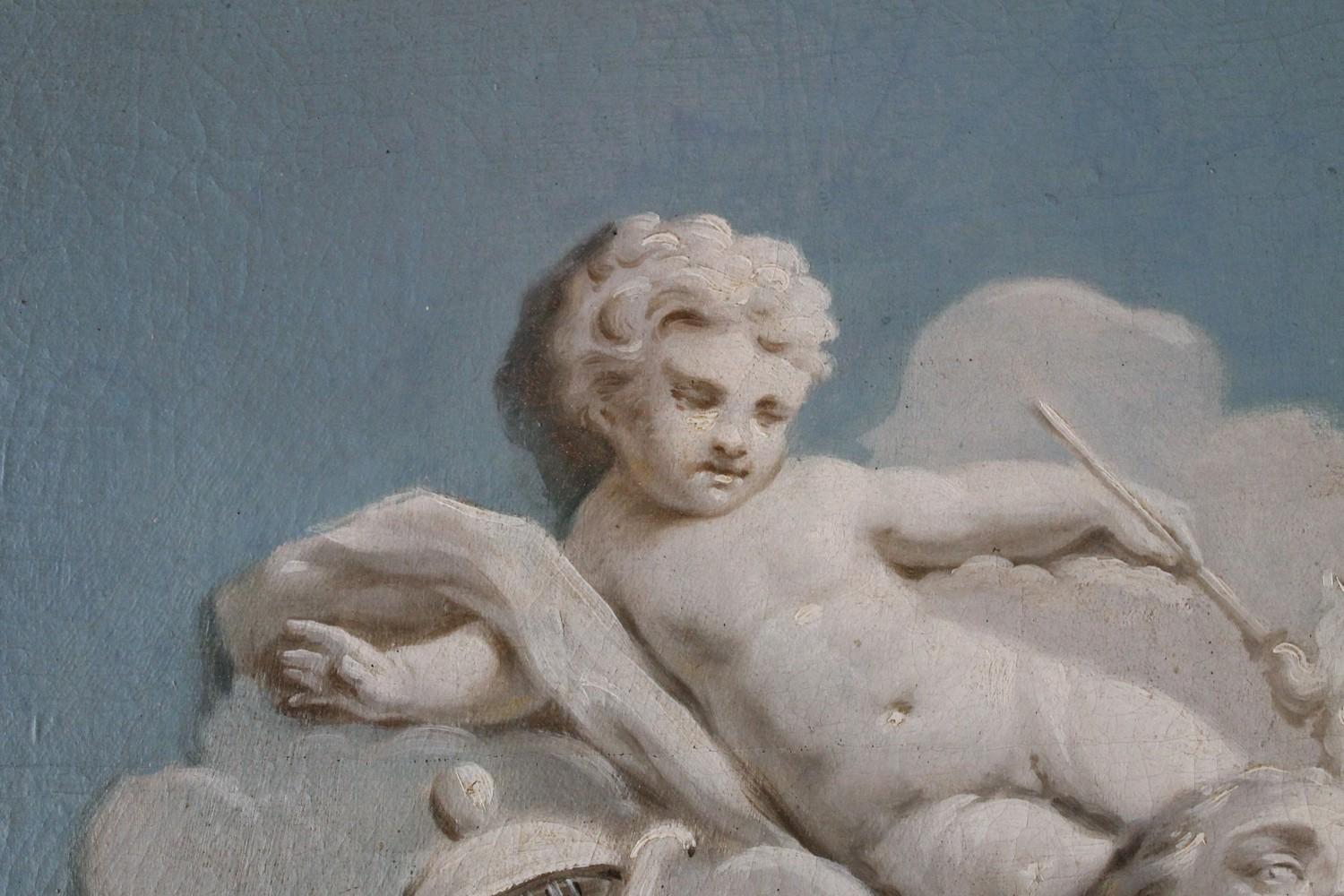French 19th Century Oil on Canvas Blue and White Music Allegory Cherub Painting  For Sale 8