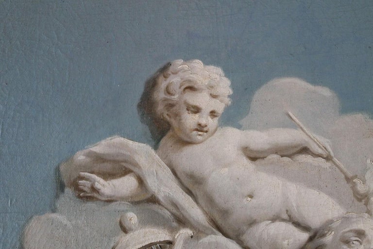 French 19th Century Oil on Canvas Blue and White Music Allegory Cherub Painting  For Sale 11