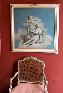 French 19th Century Oil on Canvas Blue and White Music Allegory Cherub Painting
