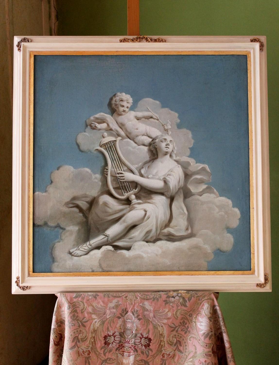 This romantic French 19th century allegoric oil painting on square canvas has a sky blue background, a fluffy cloud fills the central part of the painting where a woman is lying down playing the lyre, while a graceful cherub seems to twirl over