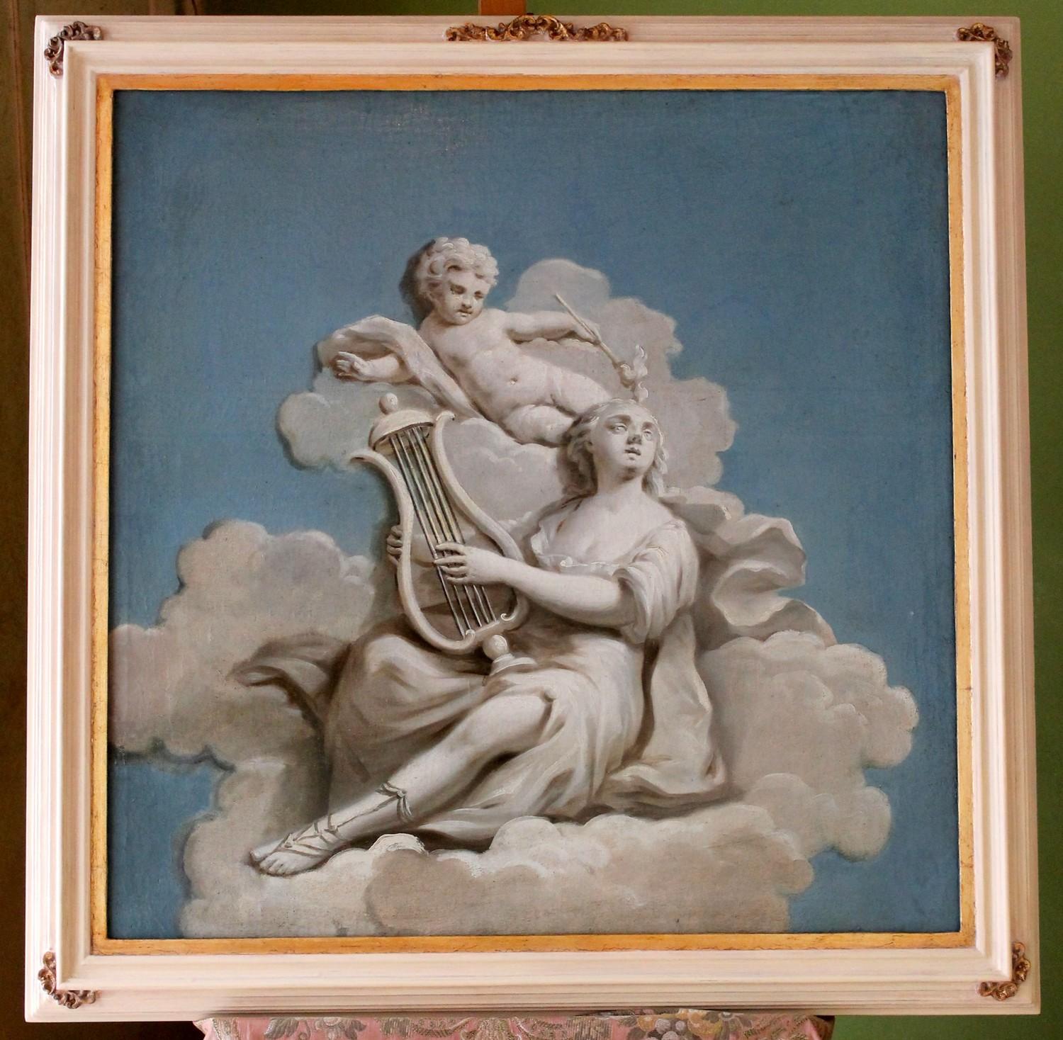 French 19th Century Oil on Canvas Blue and White Music Allegory Cherub Painting  For Sale 1