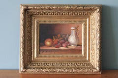 French oil painting, Antique still life painting, apple, grapes and jug