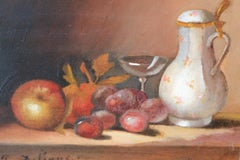 French oil painting, Antique still life painting, apple, grapes and jug