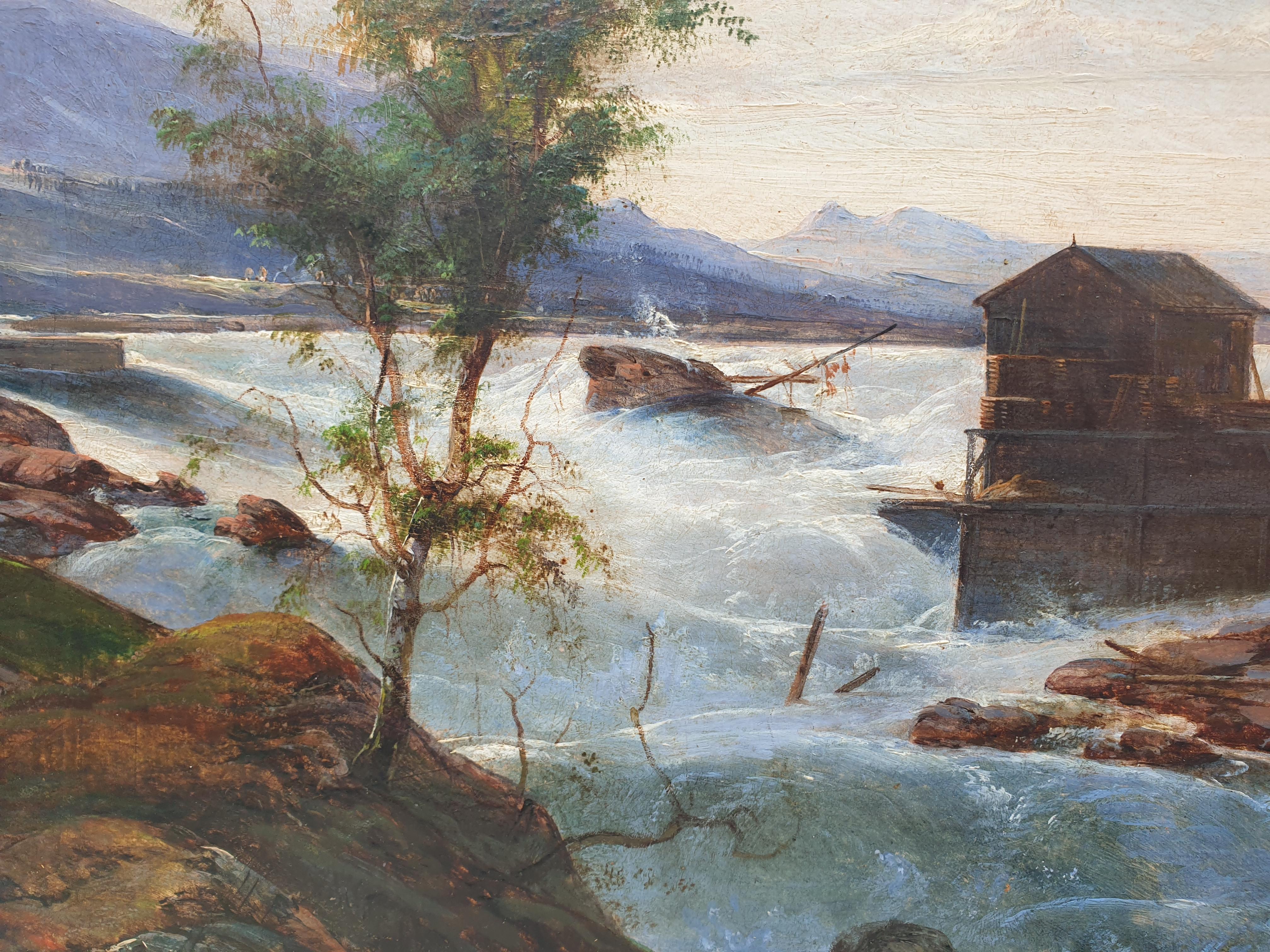 French or Swiss school Lanscape mountains Late 19th Flood scene river lake owl For Sale 2