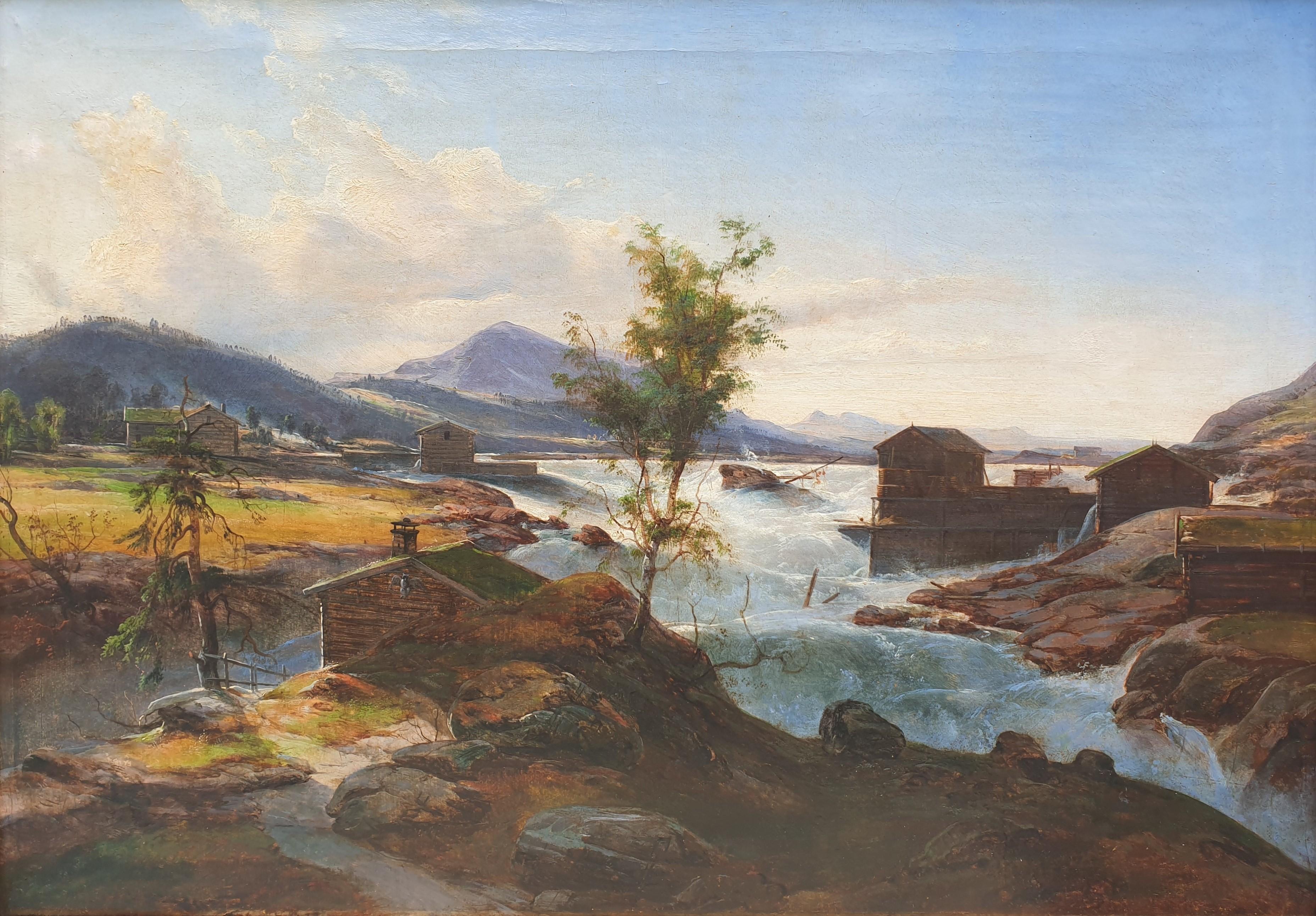 French or Swiss school Lanscape mountains Late 19th Flood scene river lake owl - Painting by Unknown