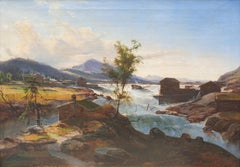 Antique French or Swiss school Lanscape mountains Late 19th Flood scene river lake owl