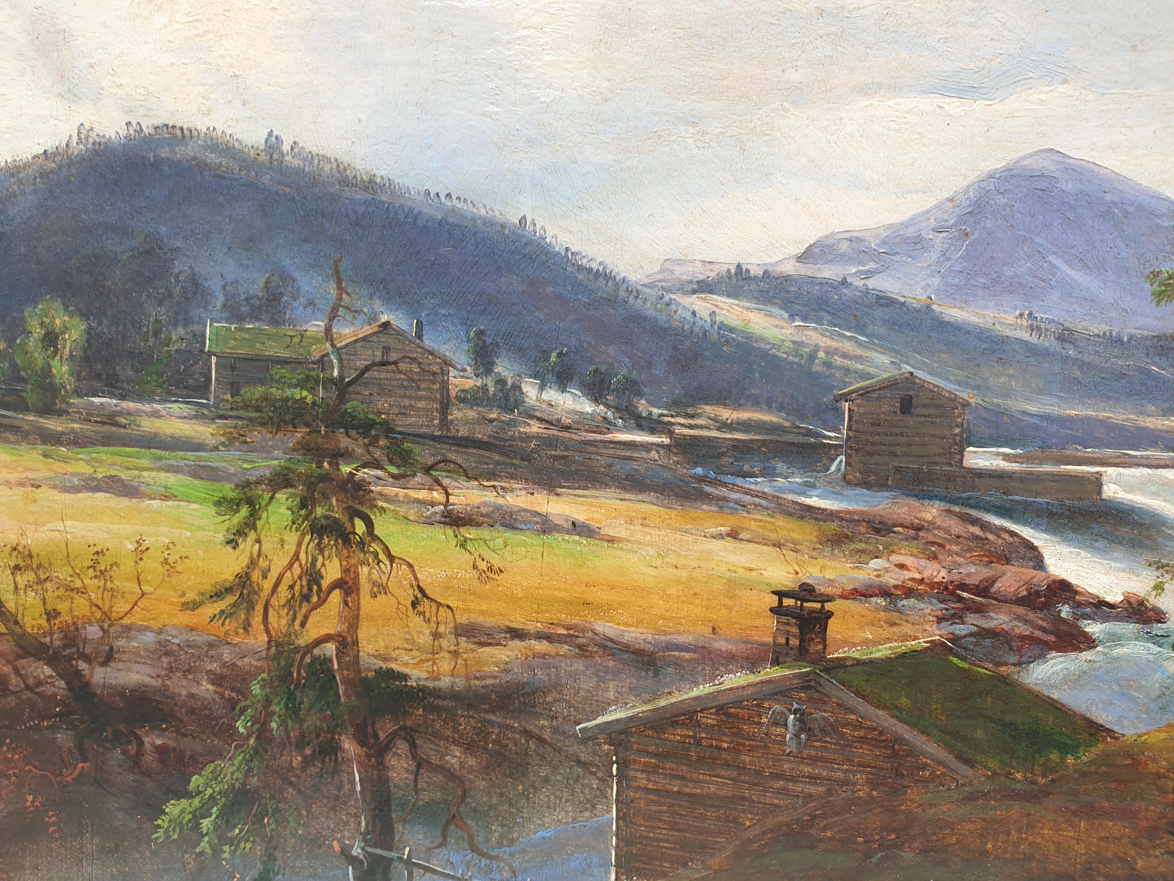 French or Swiss school Lanscape mountains Late 19th Flood scene river lake owl For Sale 1
