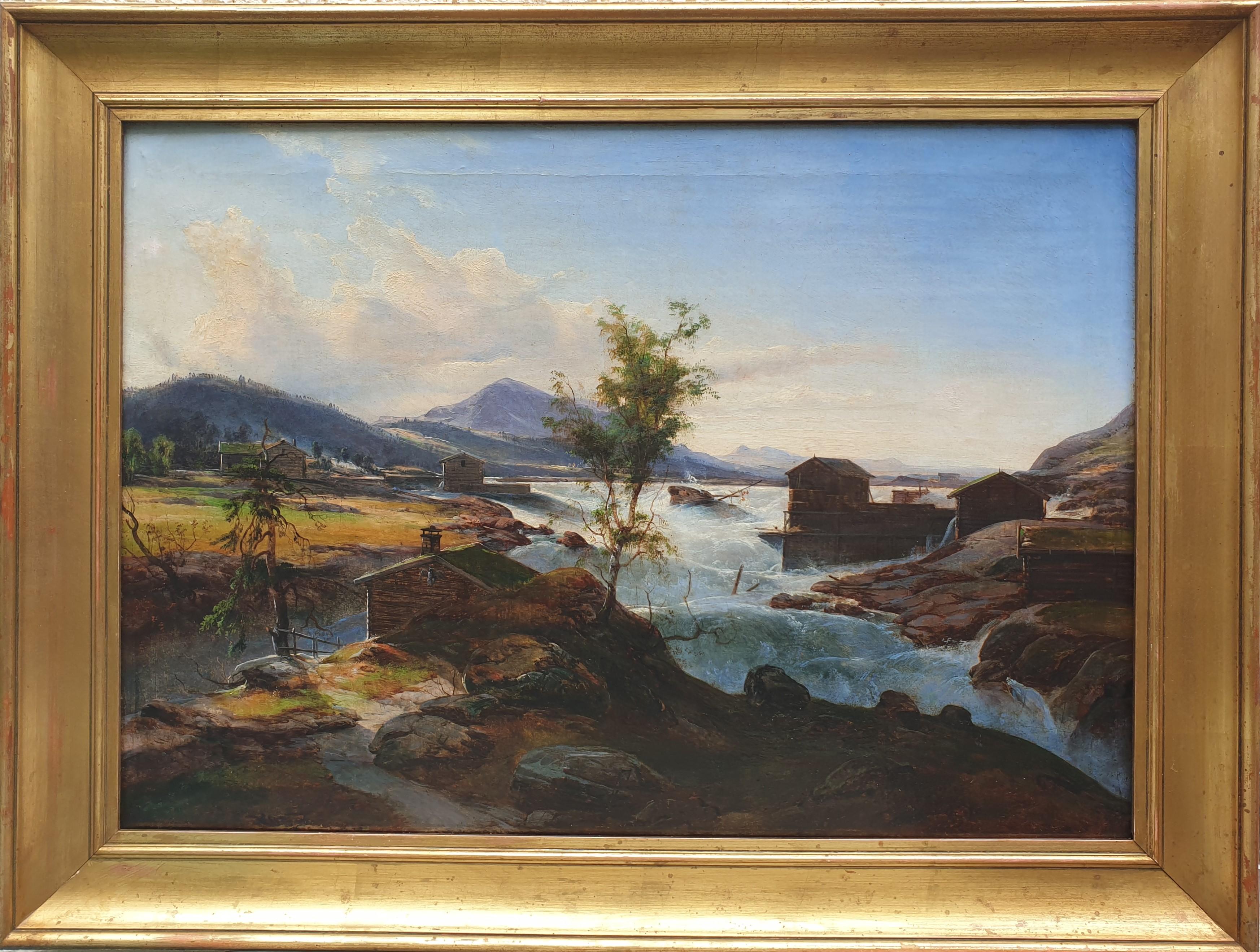 Unknown Landscape Painting - French or Swiss school Lanscape mountains Late 19th Flood scene river lake owl