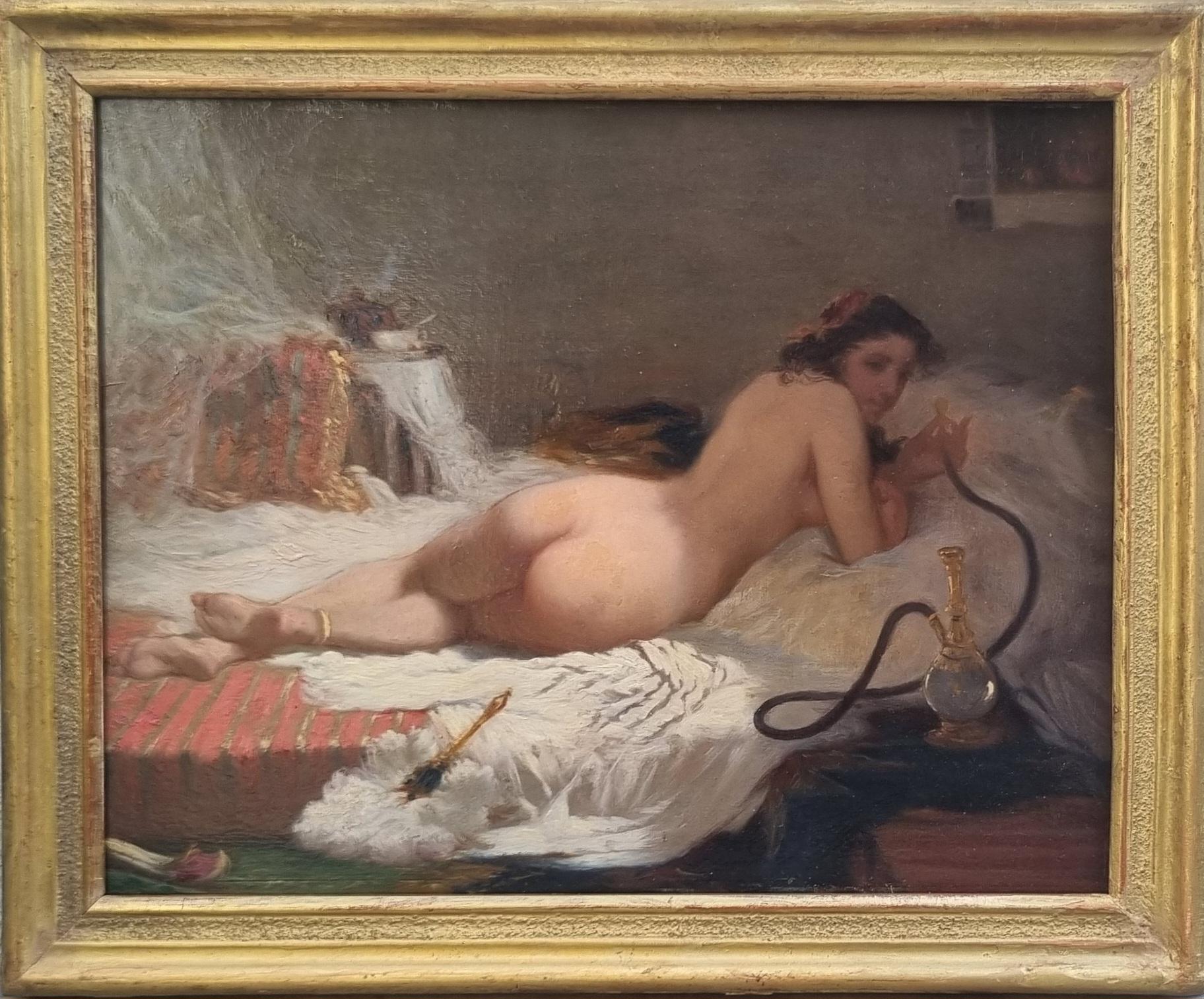 French Orientalist painting Nude Woman Odalisque Wood panel 19th - Painting by Unknown