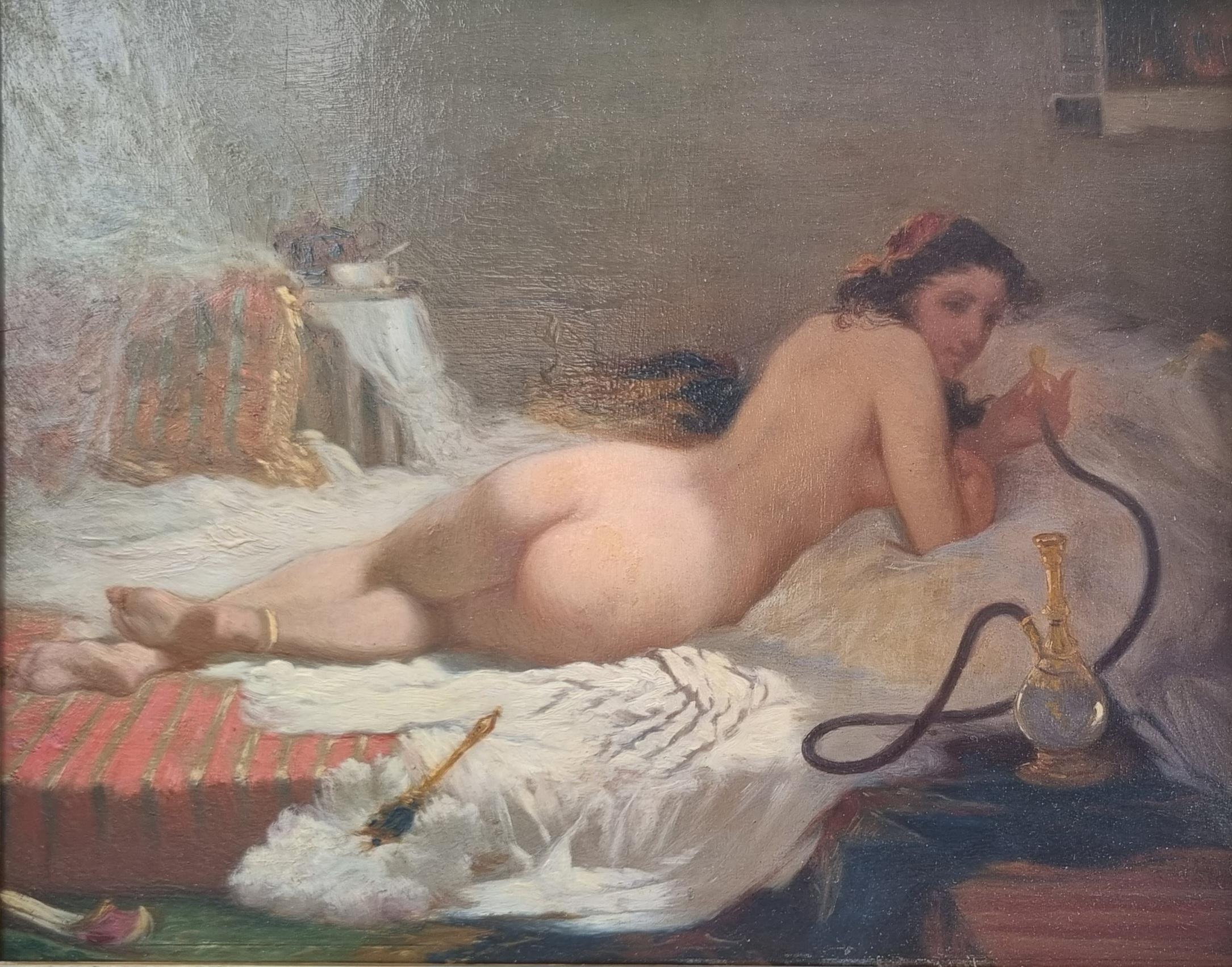 French Orientalist painting Nude Woman Odalisque Wood panel 19th - French School Painting by Unknown
