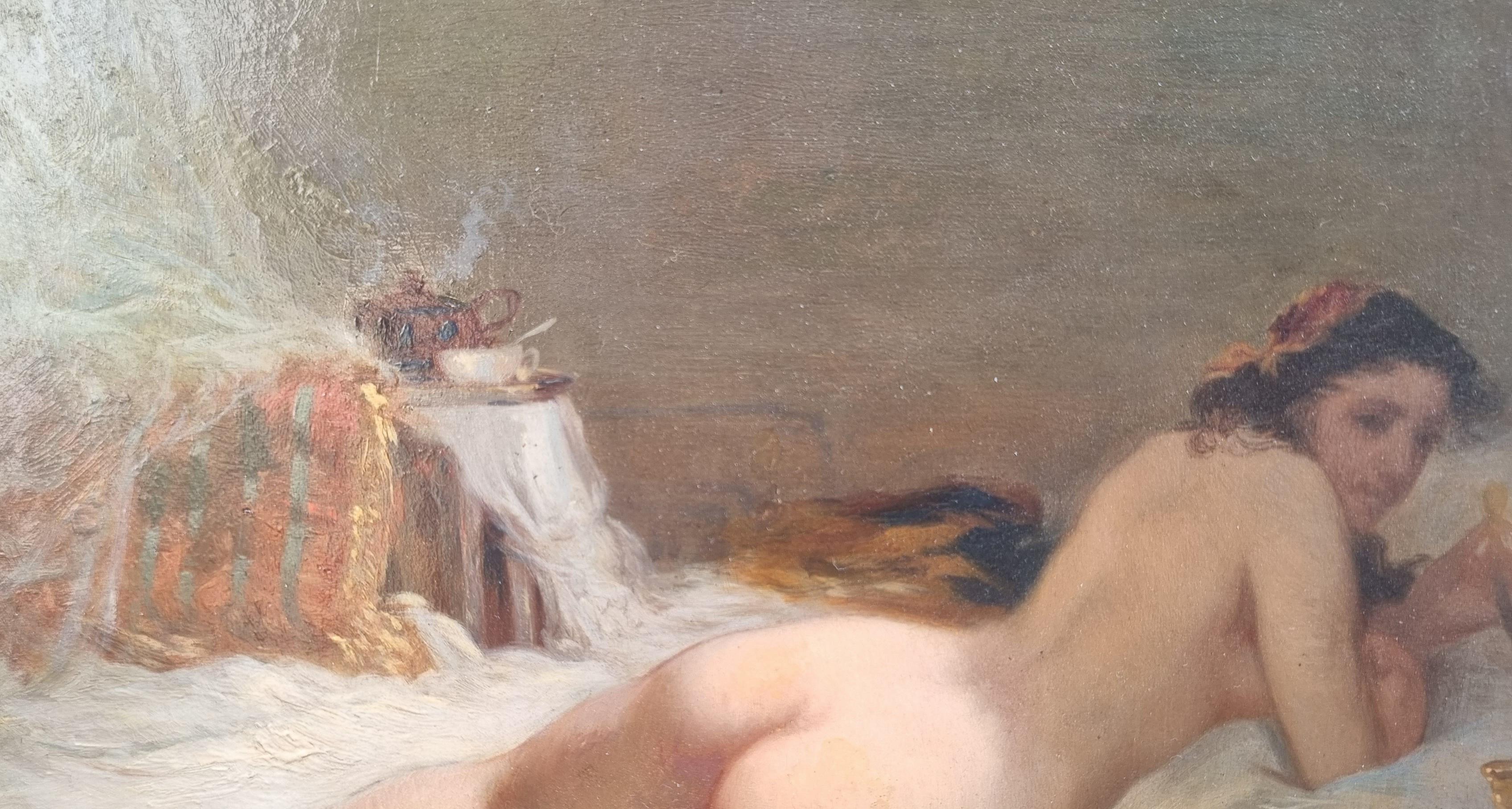 French Orientalist painting Nude Woman Odalisque Wood panel 19th - Gray Nude Painting by Unknown