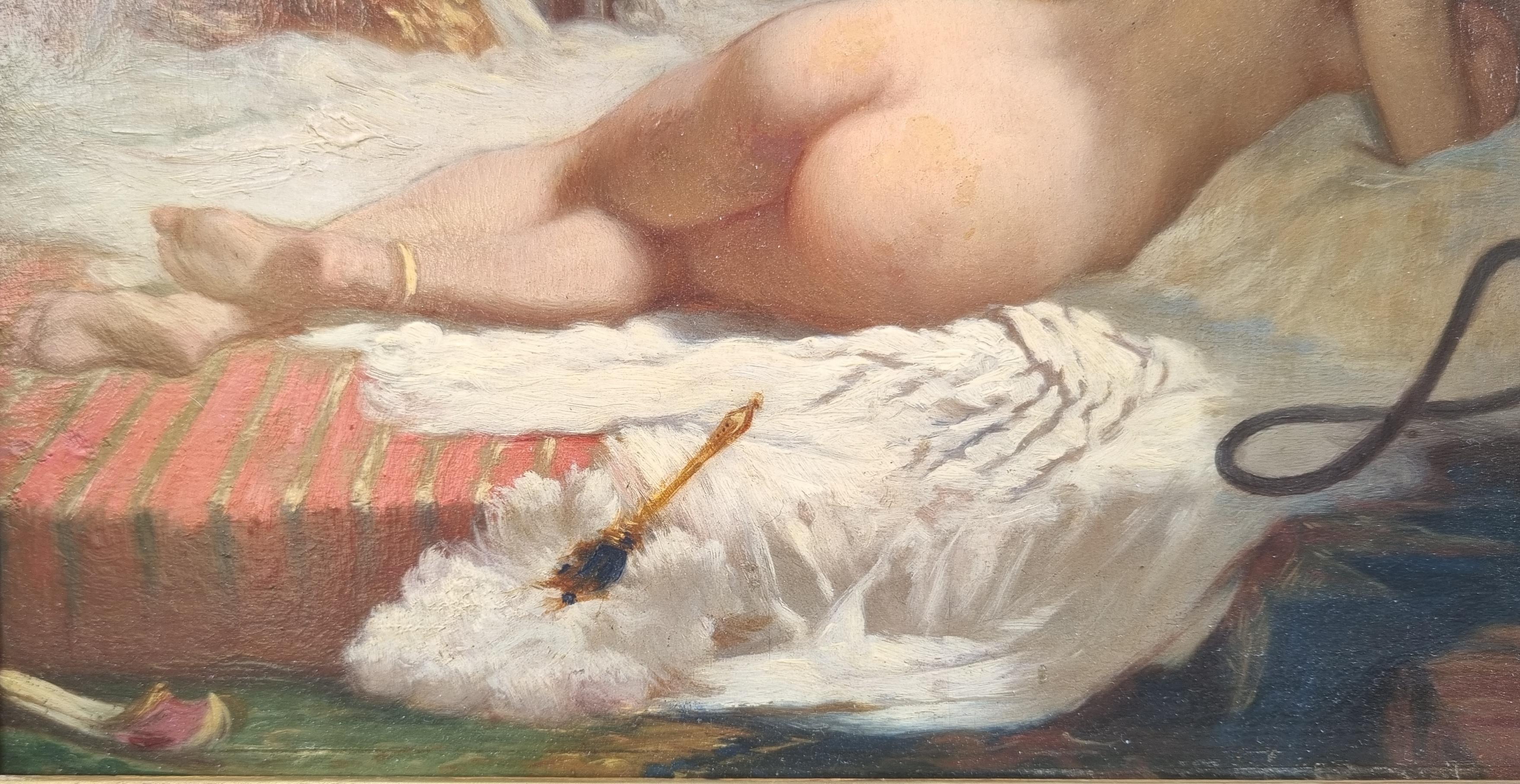 French school of the 19th century
The odalisque
Oil on wood
21.5 x 27 cm (26 x 32 cm with the frame)
Inscription on the cerso  