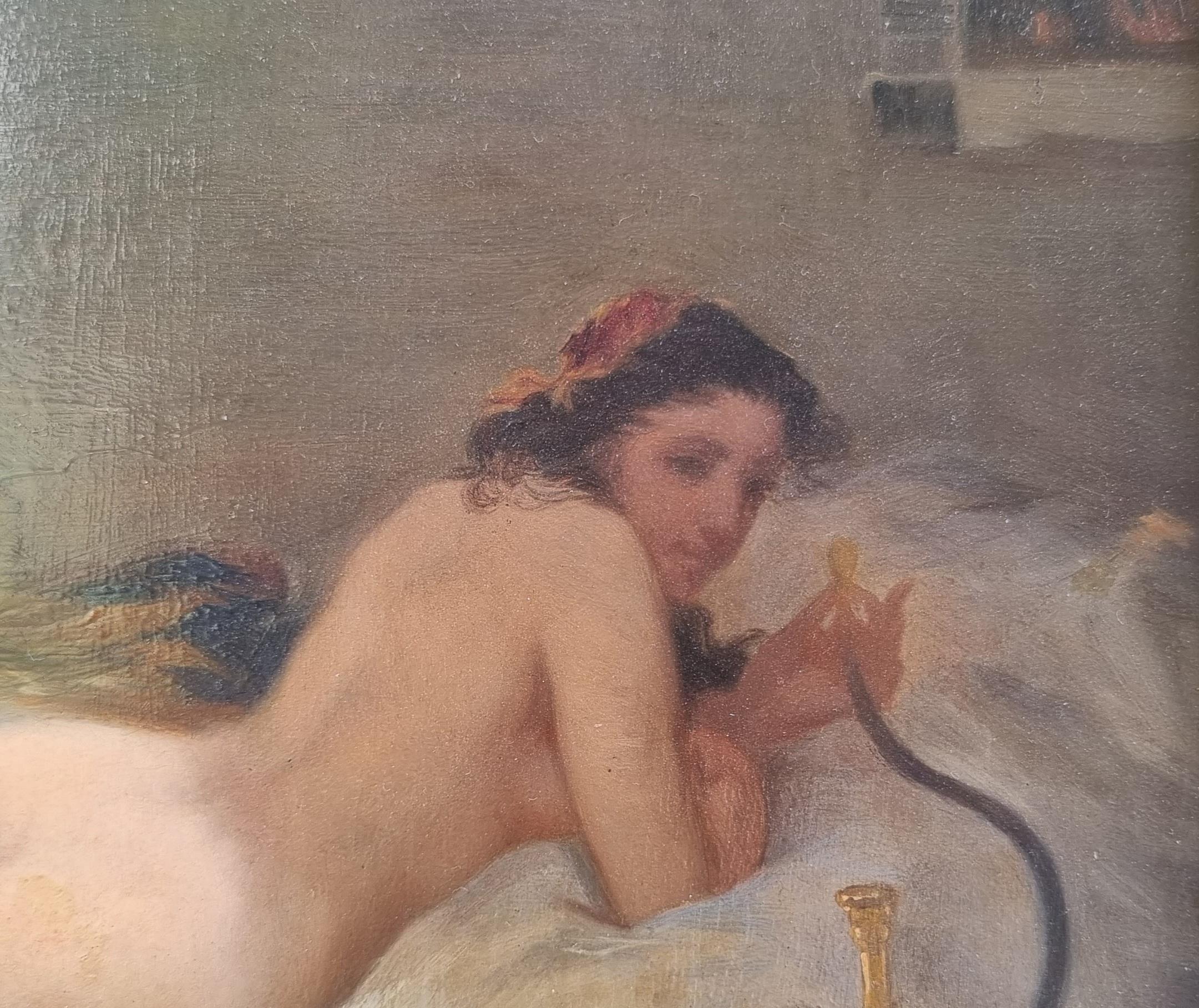 French Orientalist painting Nude Woman Odalisque Wood panel 19th For Sale 1
