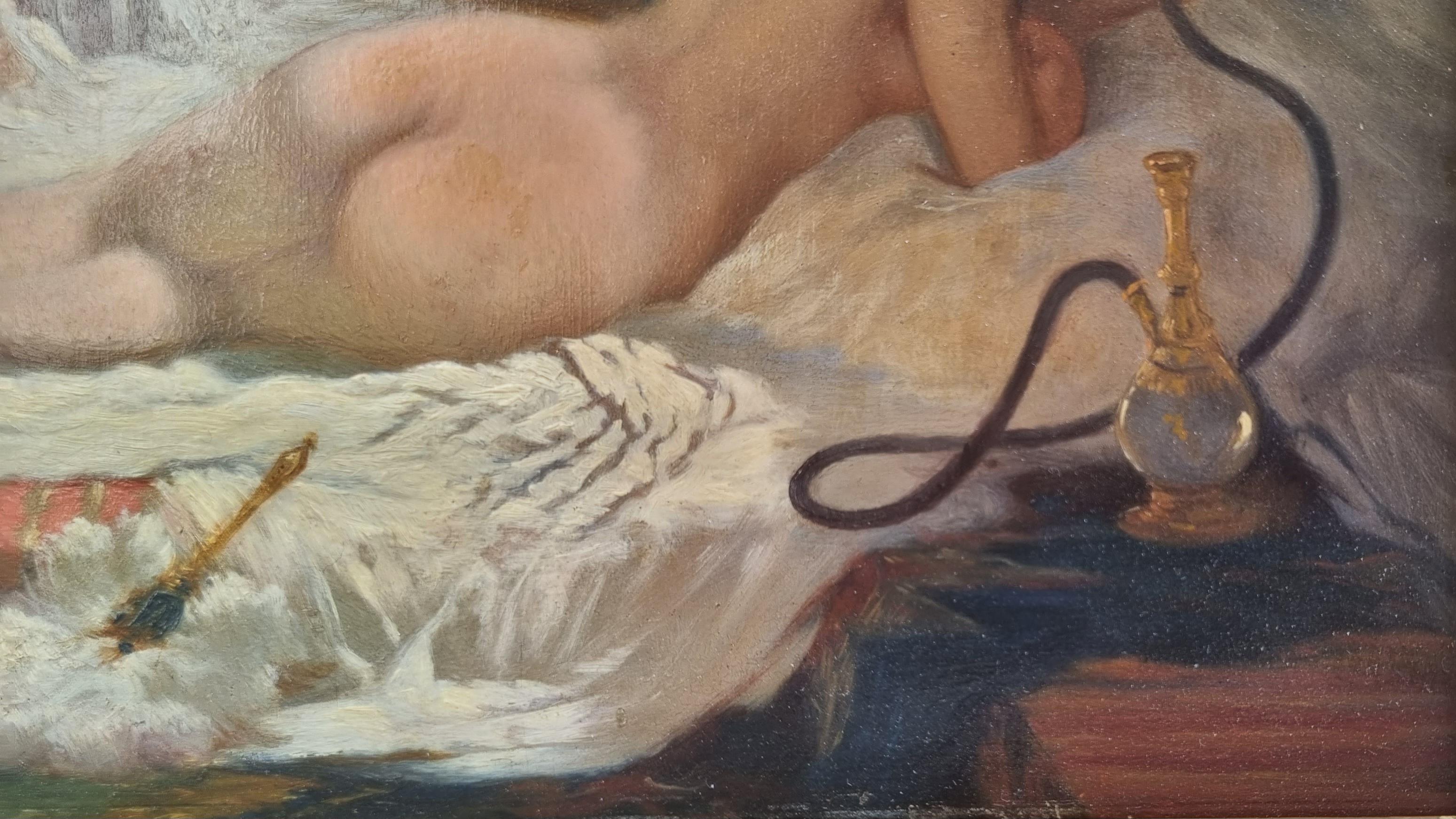 French Orientalist painting Nude Woman Odalisque Wood panel 19th For Sale 2