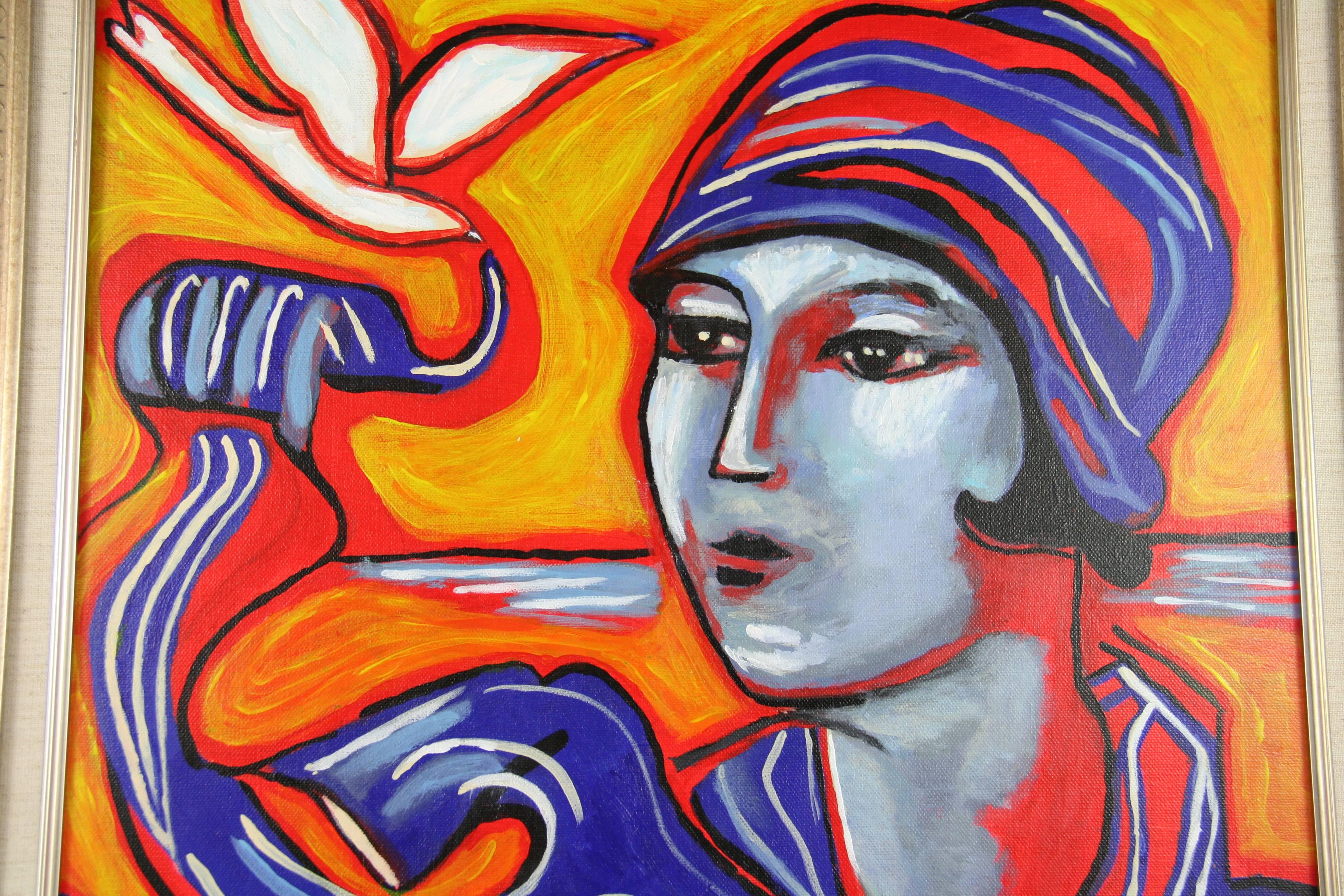 French Oversized  Deco Lady  Fauvist Figurative Painting by Martino - Beige Abstract Painting by Unknown