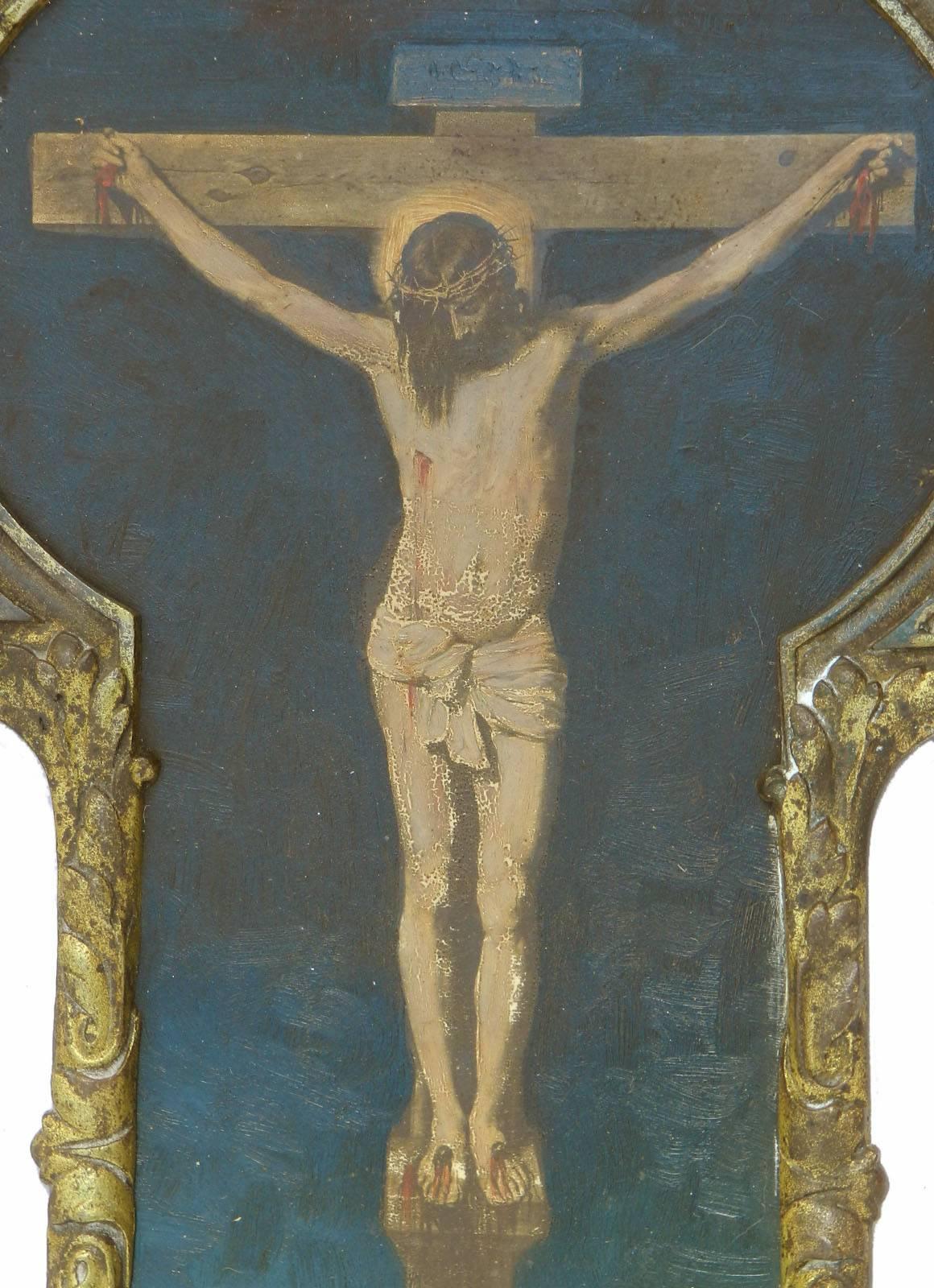 French Painting of Crucifixion Oil on Board Jesus on the Cross c1890-1910 - Black Figurative Painting by Unknown
