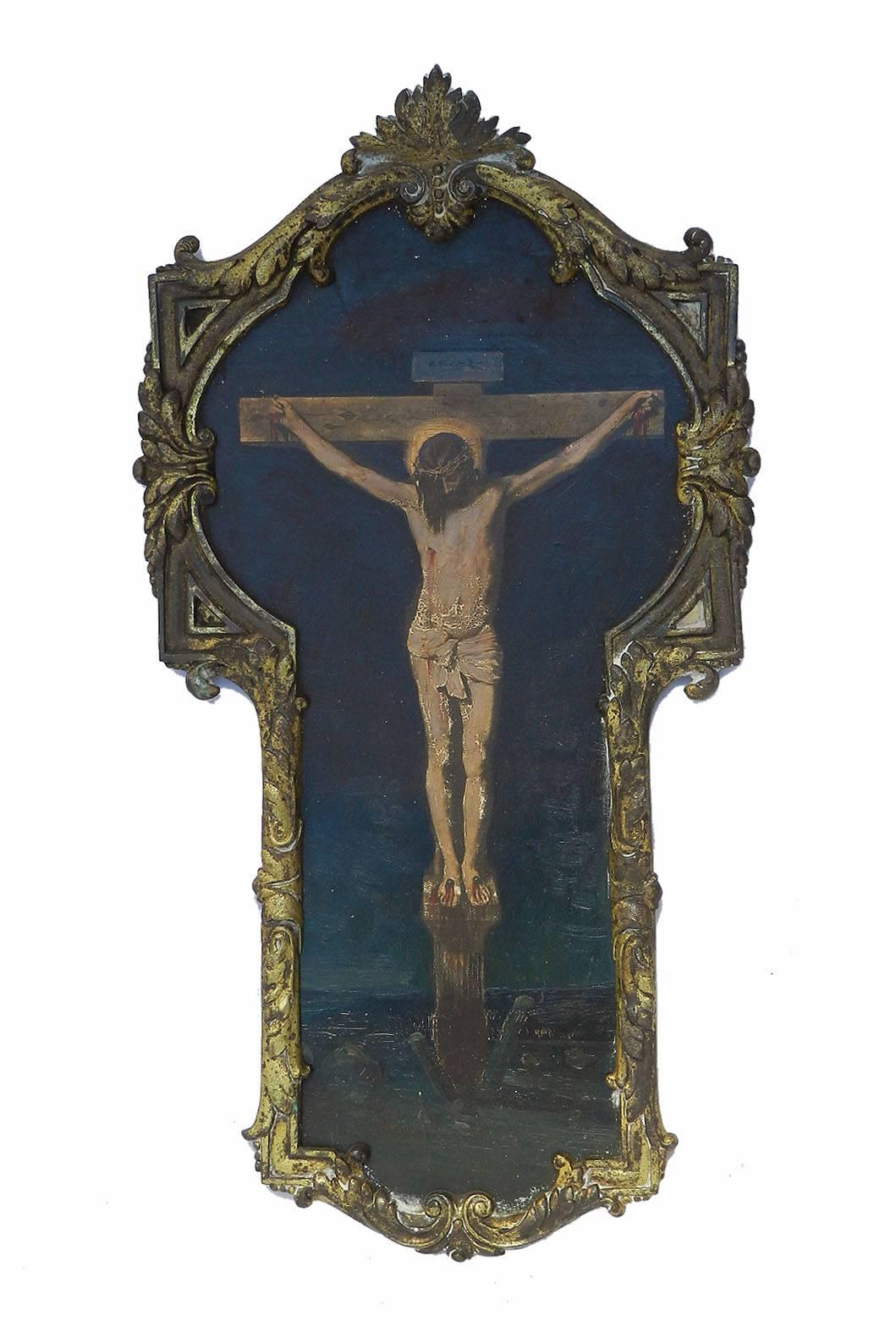 Unknown Figurative Painting - French Painting of Crucifixion Oil on Board Jesus on the Cross c1890-1910
