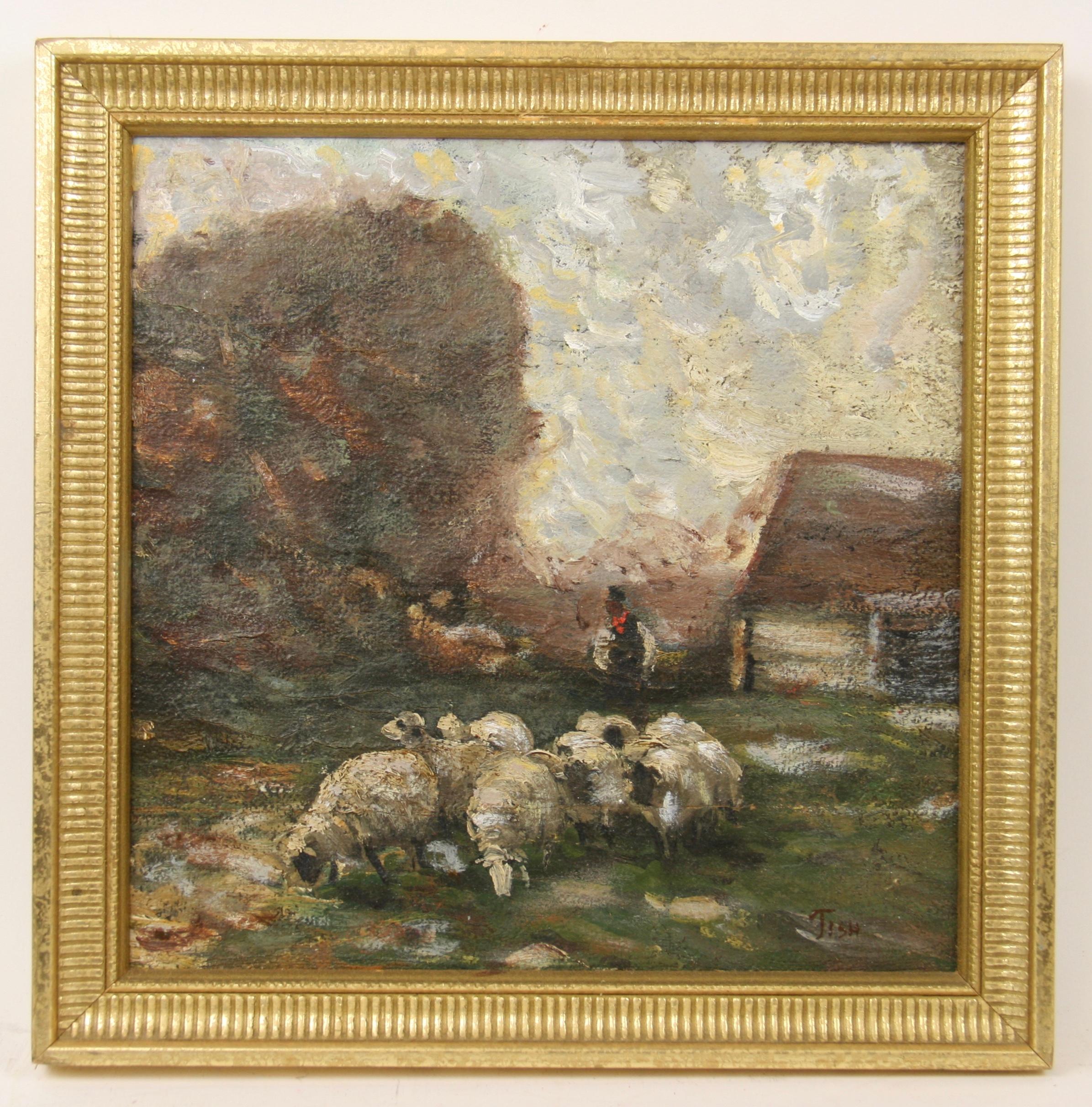 5-2410 French Pastoral Scenes ,a 1915 's oil on canvas applied to a board, displayed in a gilt wood frame, signed lower right by Tish