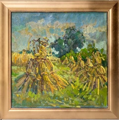 French post Impressionist landscape painting of a Hay Harvest Monet - Ca. 1960s