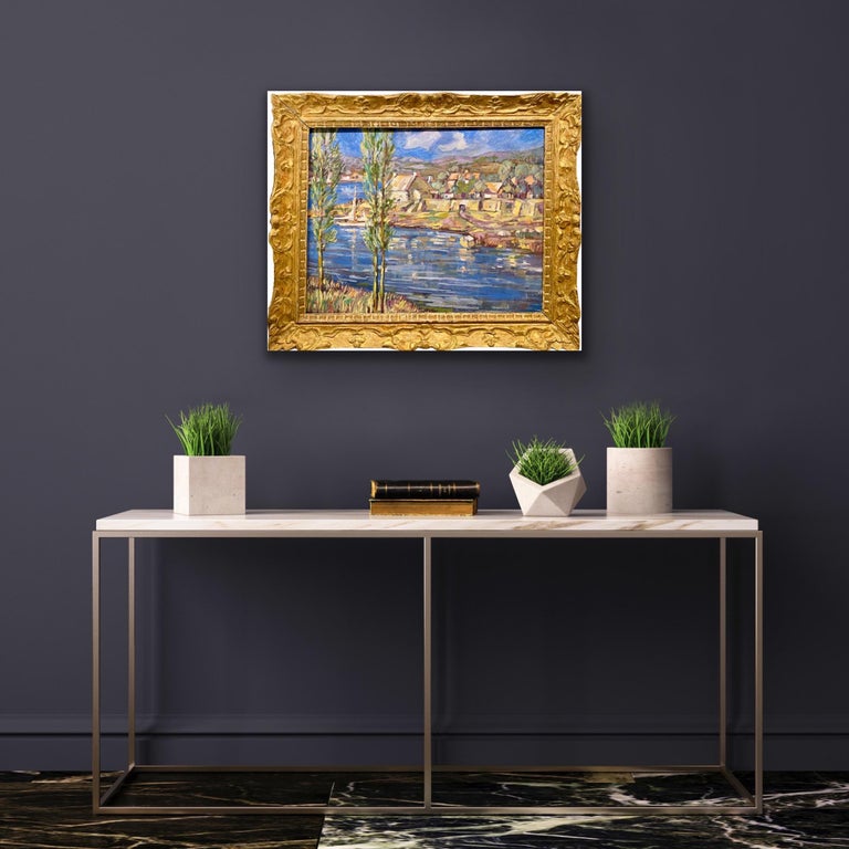 French Post Impressionist painting - Ecole de Paris - Provence landscape harbour - Painting by Unknown