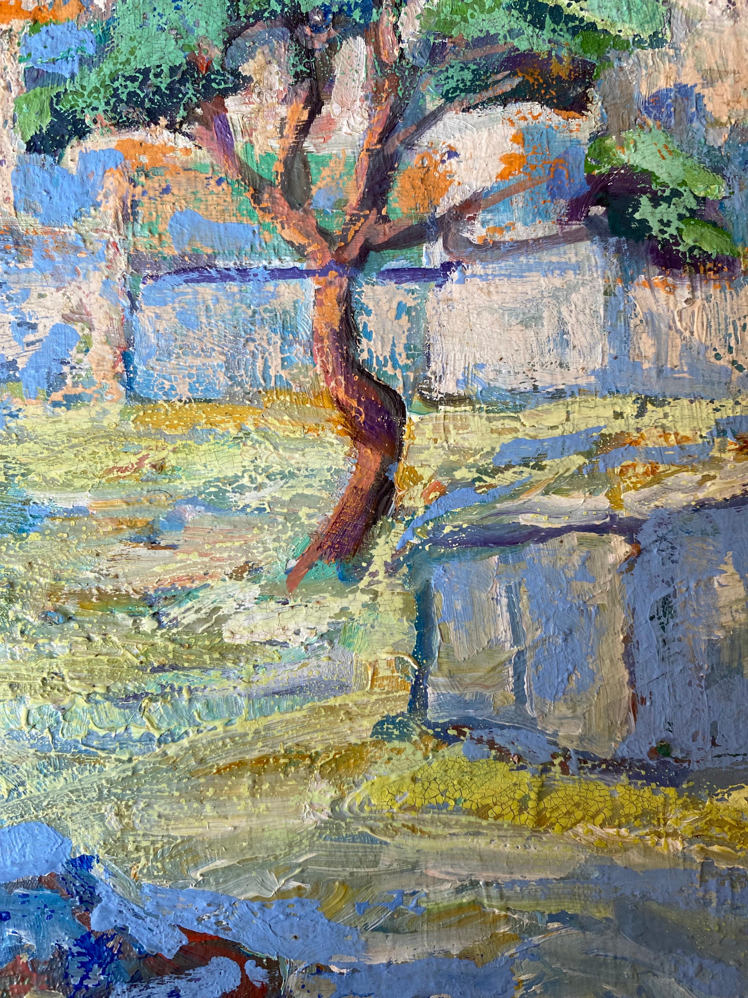 French Post Impressionist painting - Ecole de Paris - Provence landscape harbour - Gray Landscape Painting by Unknown
