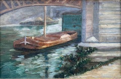 Pittura francese post-impressionista, Ponte della Senna parigino con paesaggio di chiatte