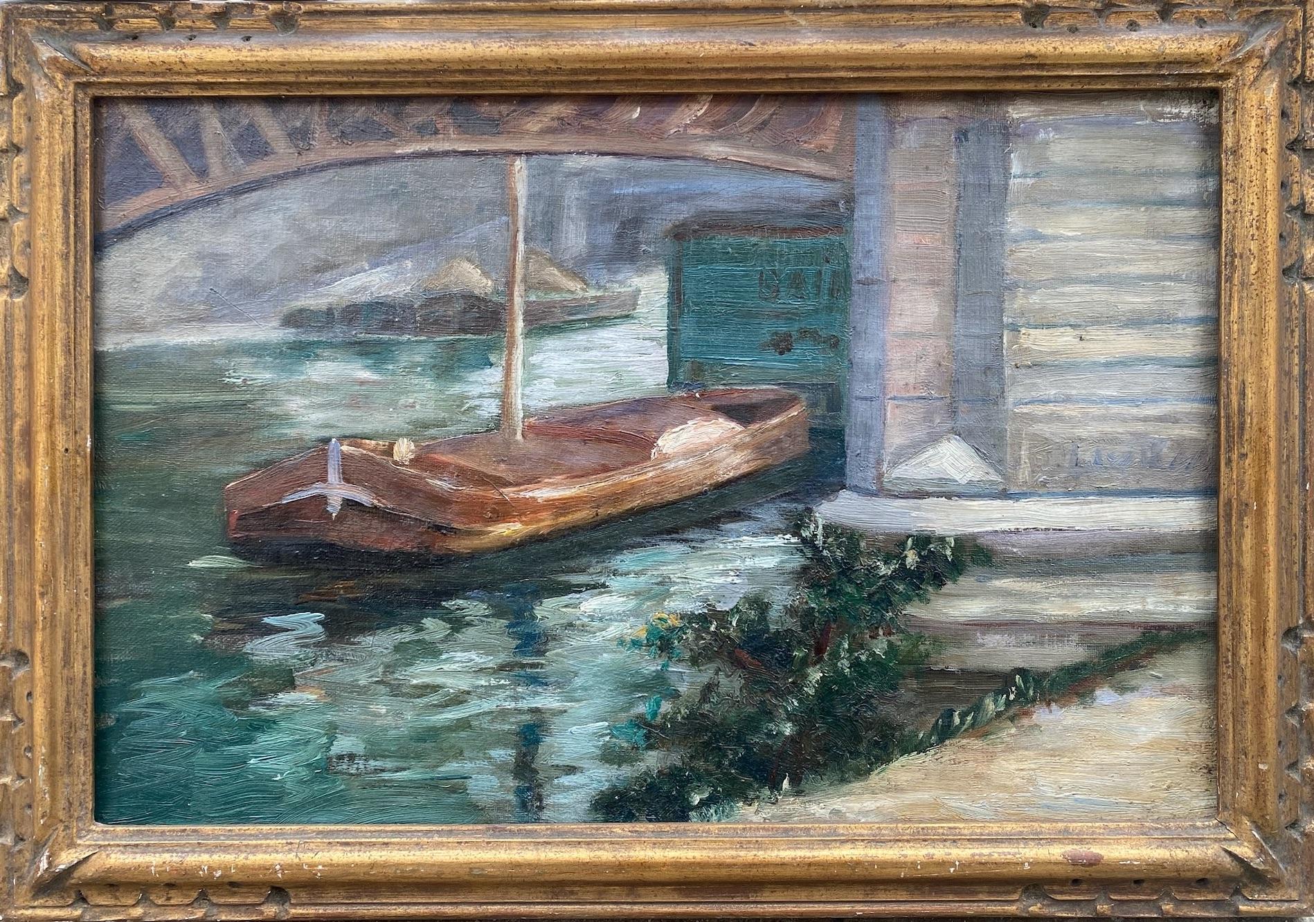 French Post-Impressionist Painting, Parisian Seine Bridge with Barge landscape