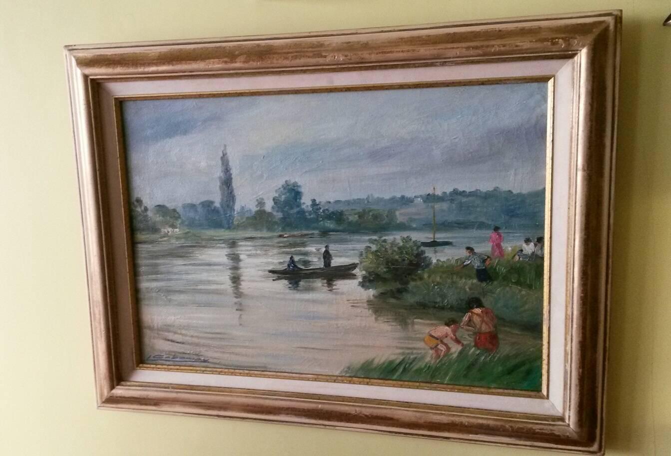 Charmante Franzosen  1930's Post Impressionist Landschaft Öl auf Leinwand Gemälde in einem Post Impressionist Stil signiert  von Gaboriau, das eine Lebensszene am Ufer der Seine darstellt (auf der Rückseite steht: Seine et  Marne-Gebiet)
In einem