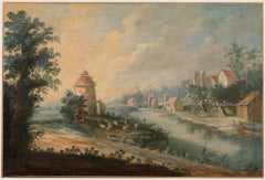 French Provincial School  18th Century Oil - Shepherd and His Flock