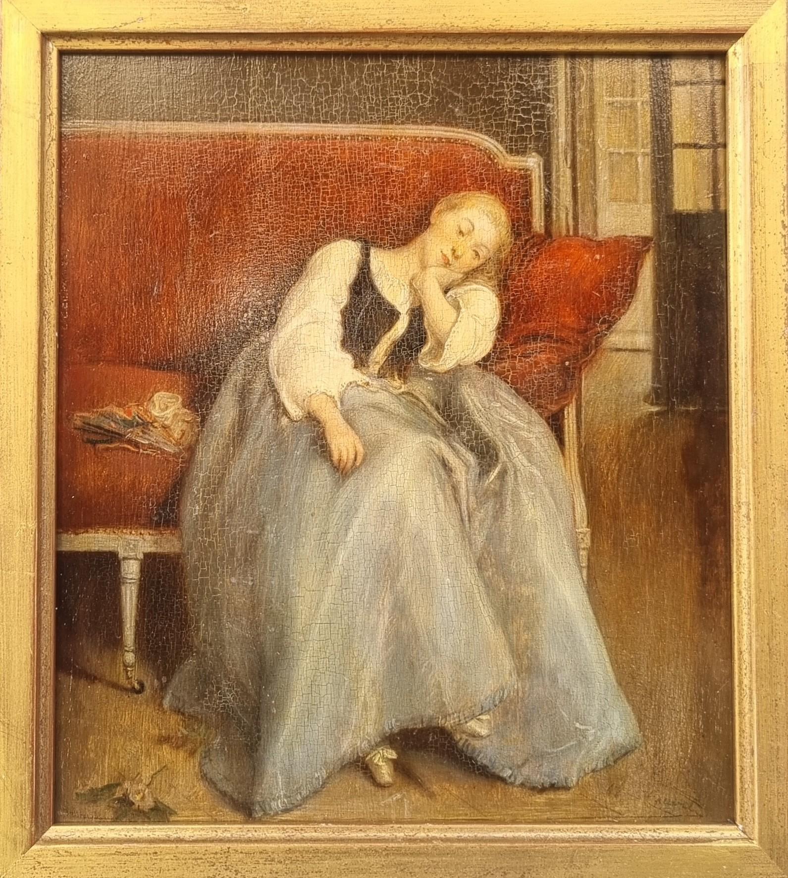 Peinture réaliste française scène d'intérieur Femme sur un canapé Nap 19ème - Painting de Unknown