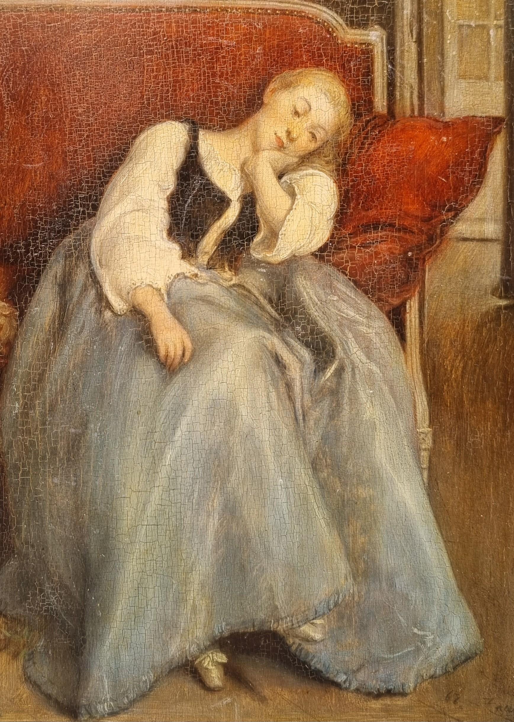 Peinture réaliste française scène d'intérieur Femme sur un canapé Nap 19ème - Marron Interior Painting par Unknown