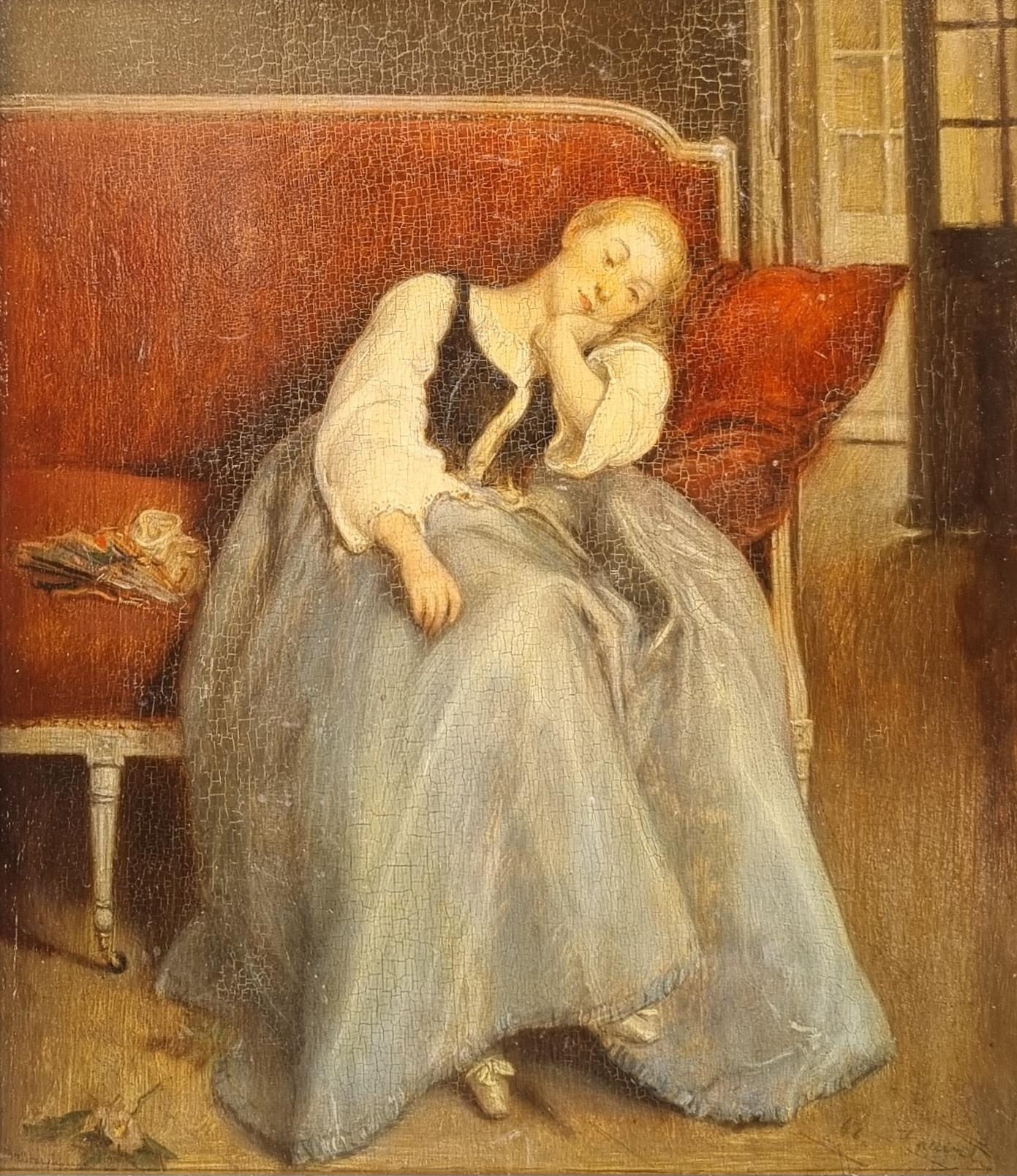 Peinture réaliste française scène d'intérieur Femme sur un canapé Nap 19ème