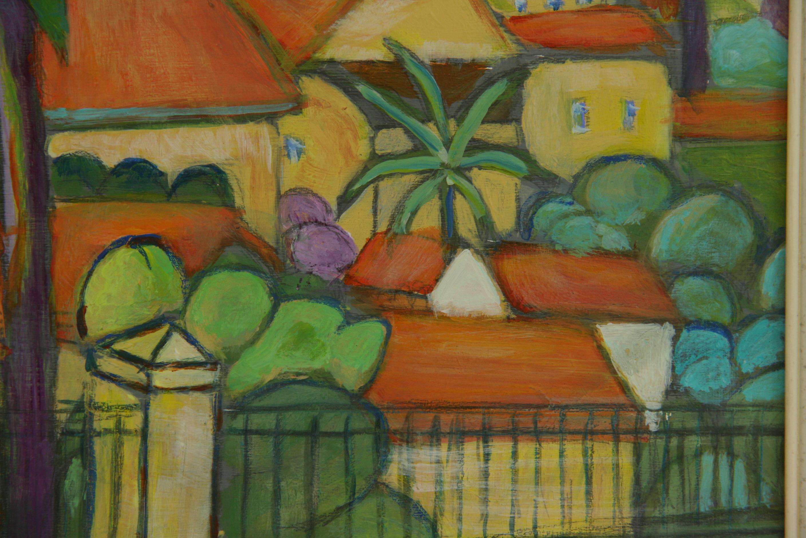 #5-3303 French Riviera,acrylique vintage sur panneau dans un cadre en bois,signé par Misishi.taille de l'image 10.5 H x 13.5 W