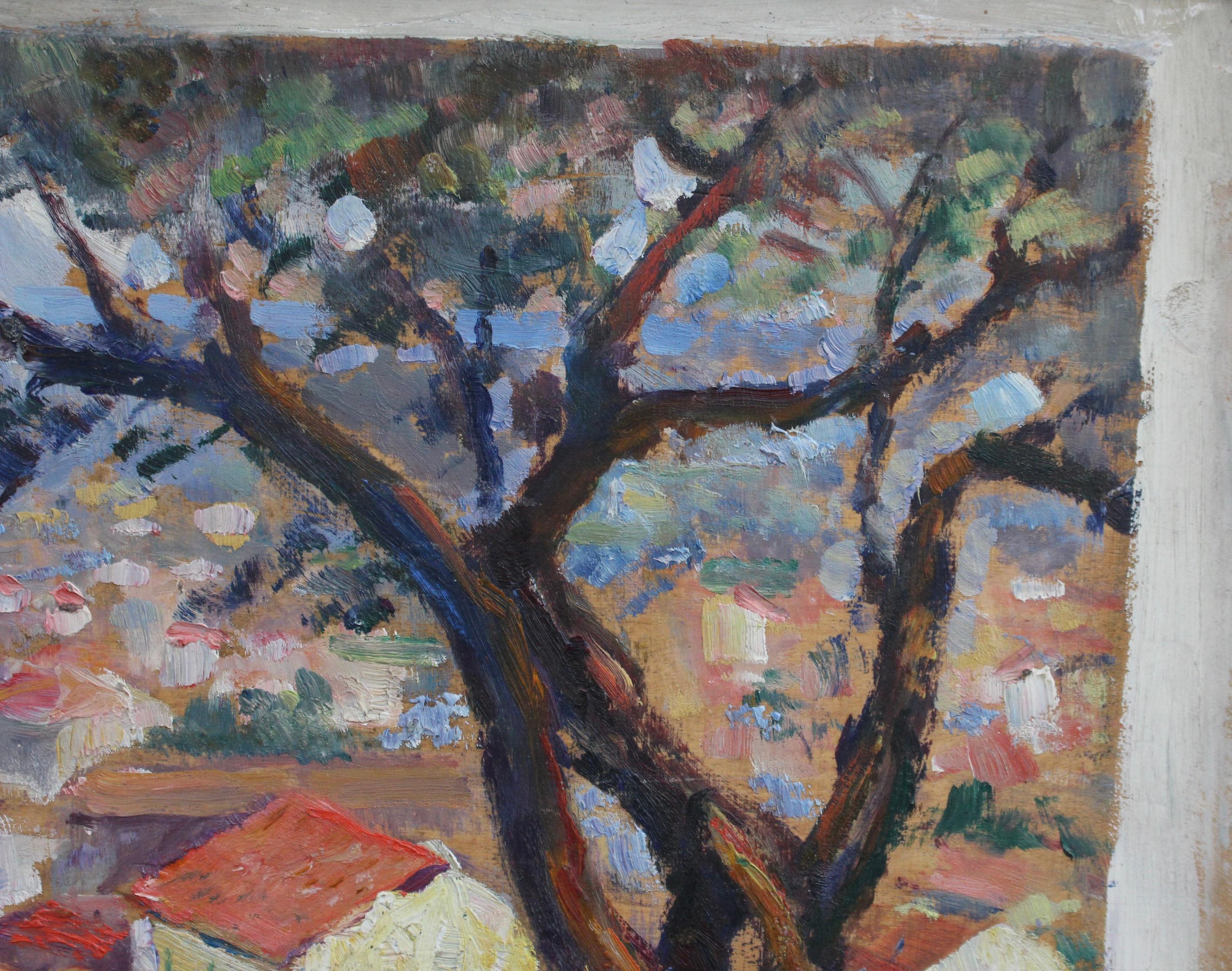 'French Riviera View', oil on wood, French School (circa 1950s). Discovered in the South of France, this charming oil painting depicts one of the small coastal village towns of the Riviera - it may be St. Tropez. The image transports the viewer to