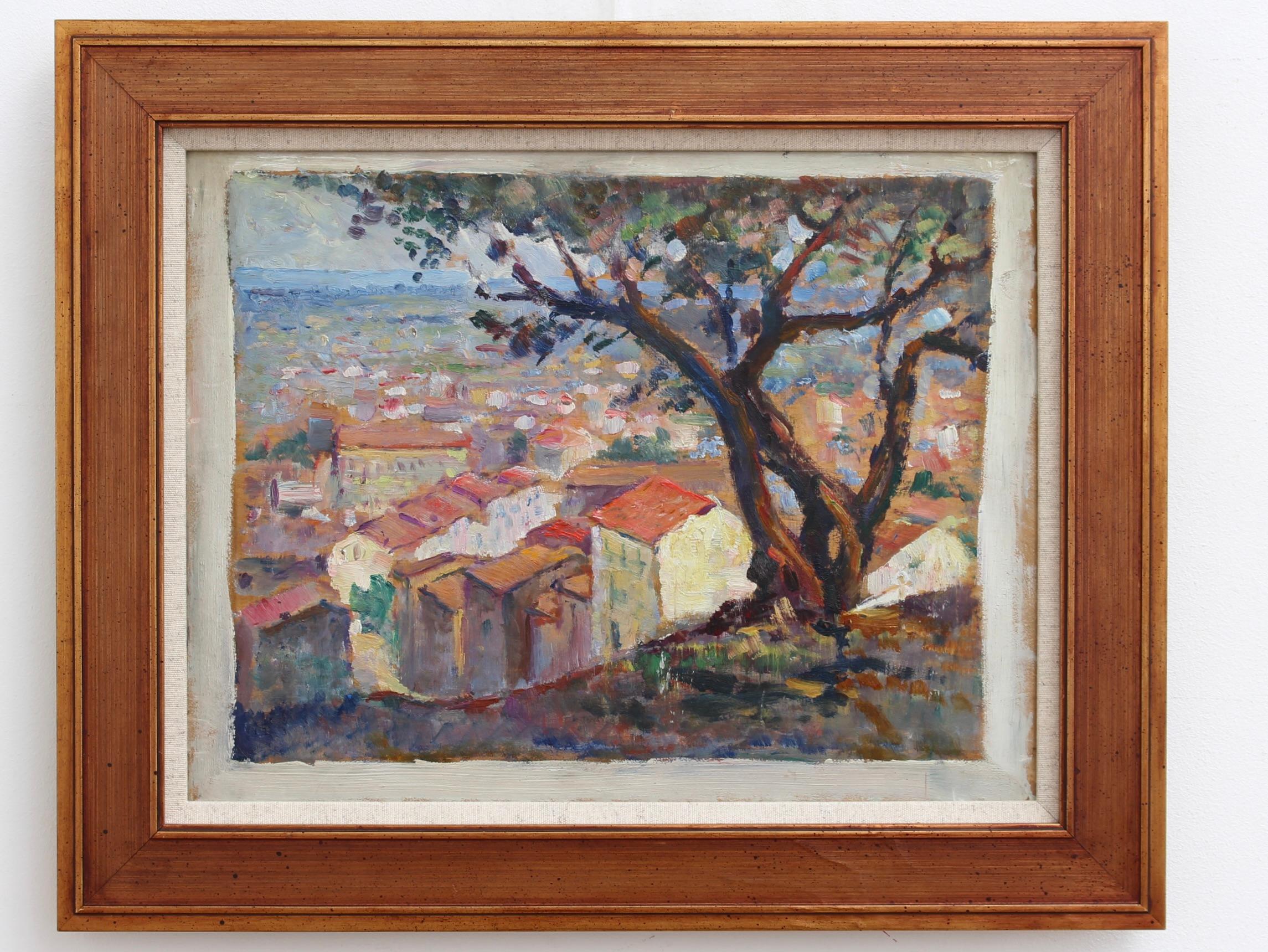 Unknown Landscape Painting – „Französische Riviera-Ansicht“, Französische Schule (ca. 1950er Jahre)