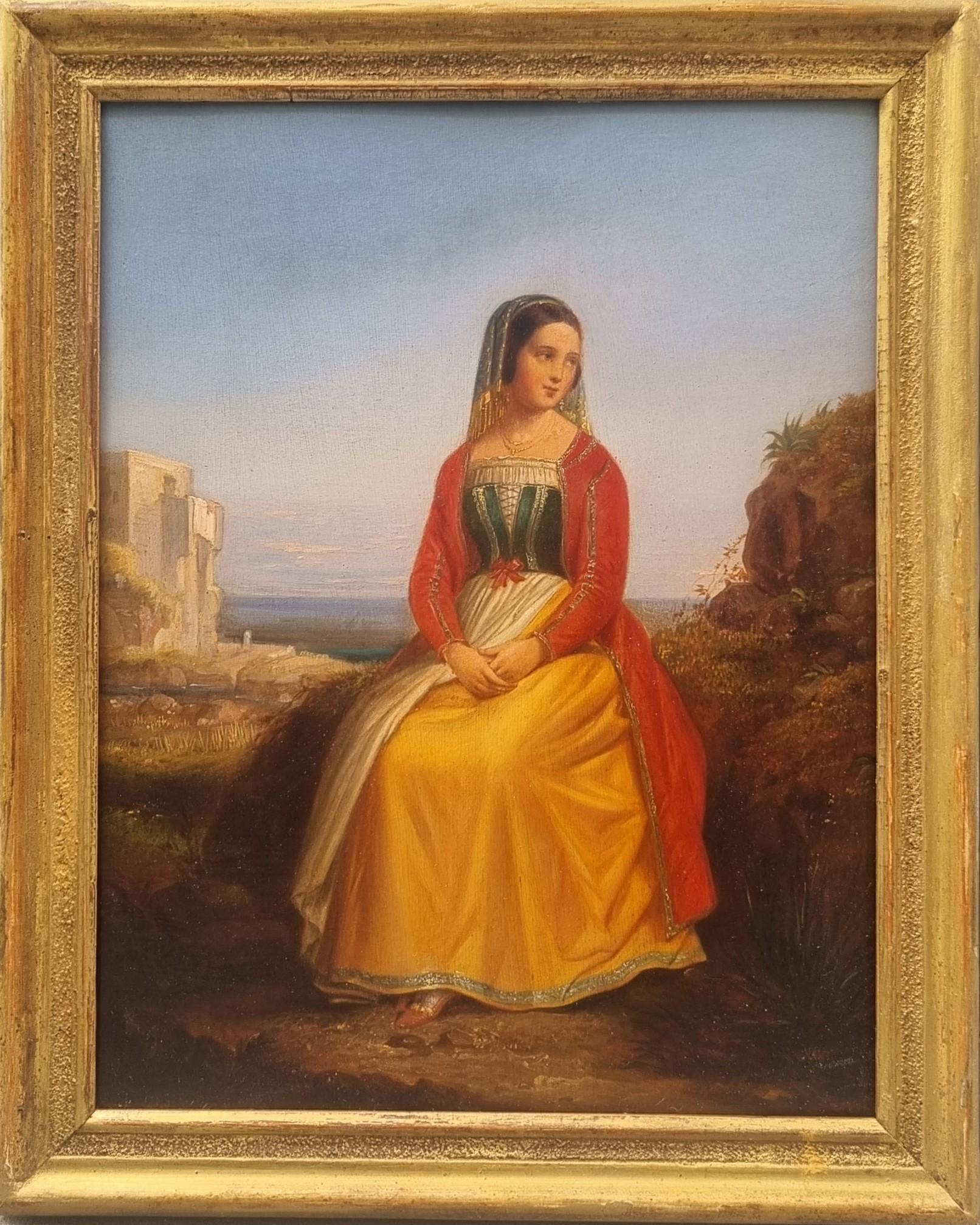 Peinture romantique française 19e Portrait de jeune femme italienne en costume 15e - Painting de Unknown
