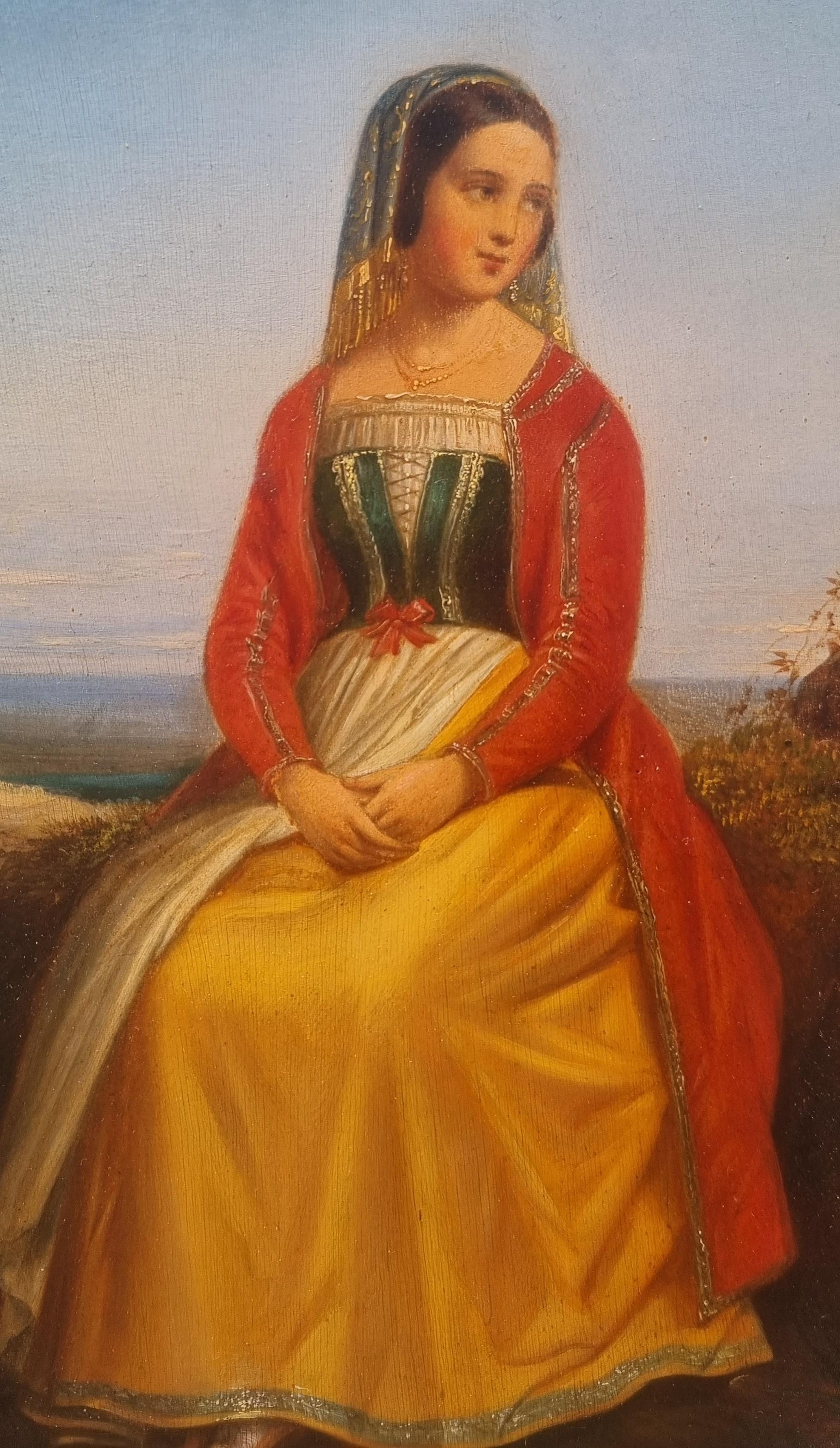 Peinture romantique française 19e Portrait de jeune femme italienne en costume 15e - Marron Portrait Painting par Unknown