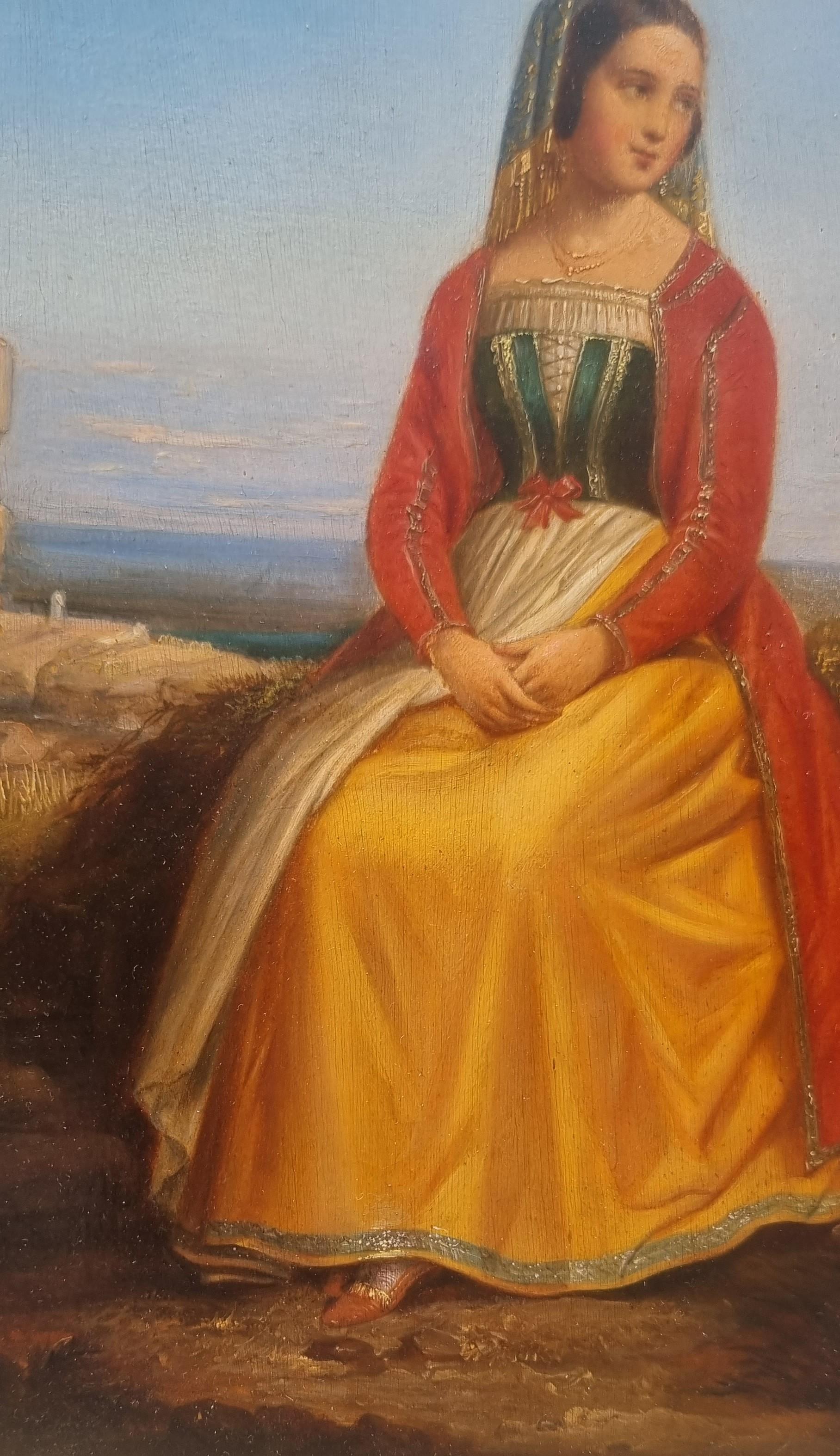 Peinture romantique française 19e Portrait de jeune femme italienne en costume 15e en vente 1