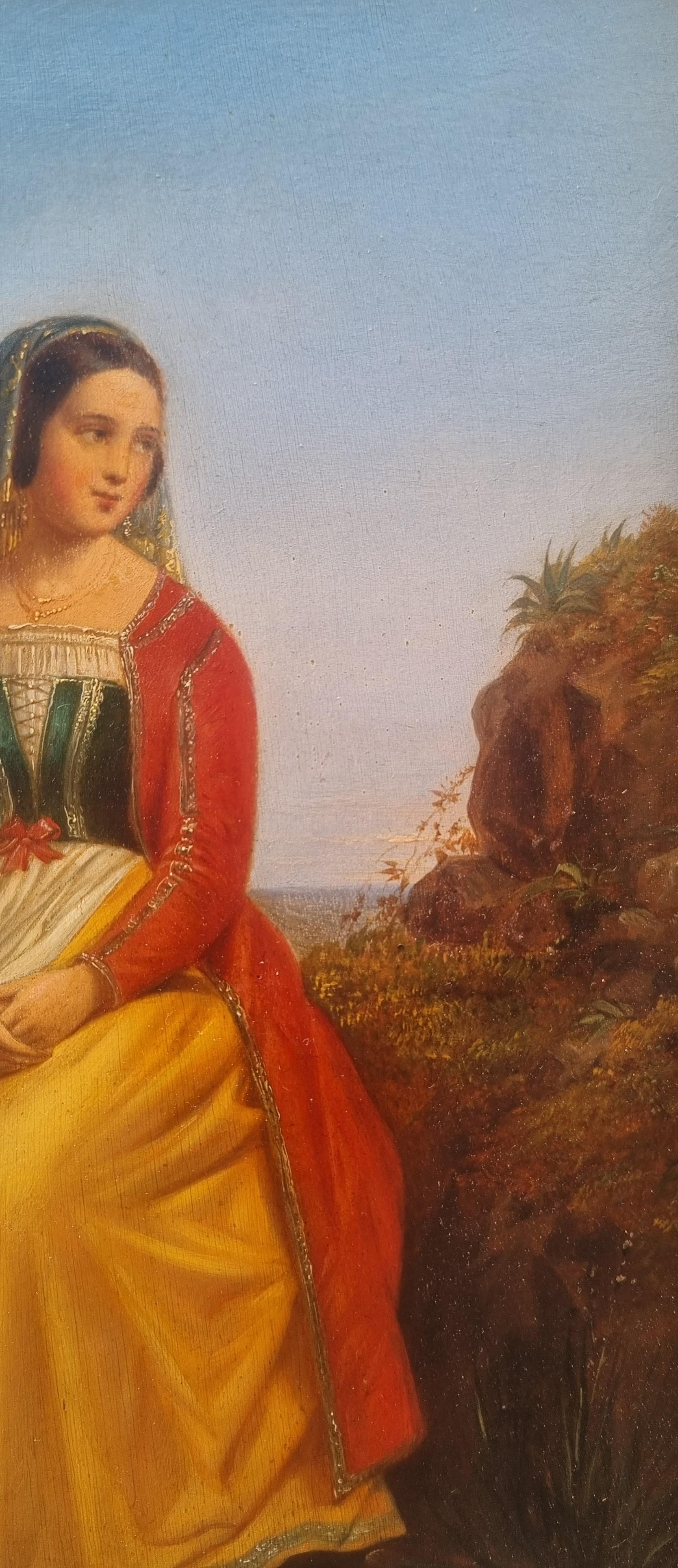 Peinture romantique française 19e Portrait de jeune femme italienne en costume 15e en vente 2