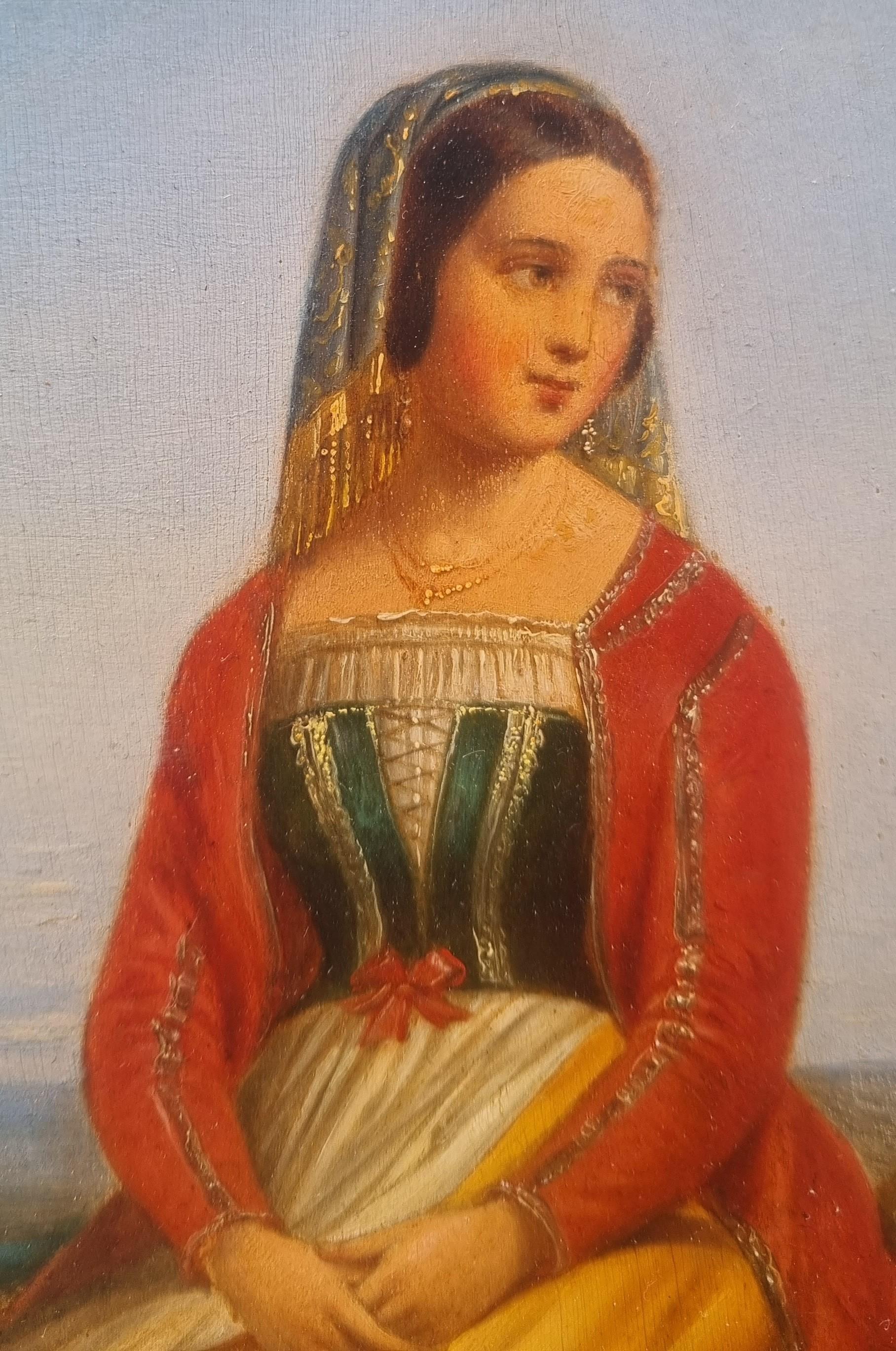 Peinture romantique française 19e Portrait de jeune femme italienne en costume 15e en vente 3