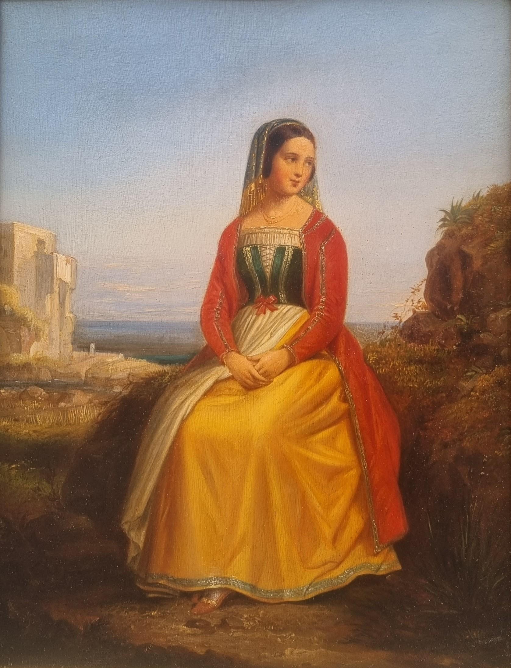 Peinture romantique française 19e Portrait de jeune femme italienne en costume 15e