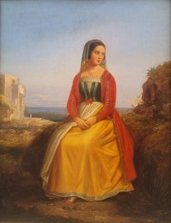 French romantic painting 19th Portrait Young Italian lady in costume 15th