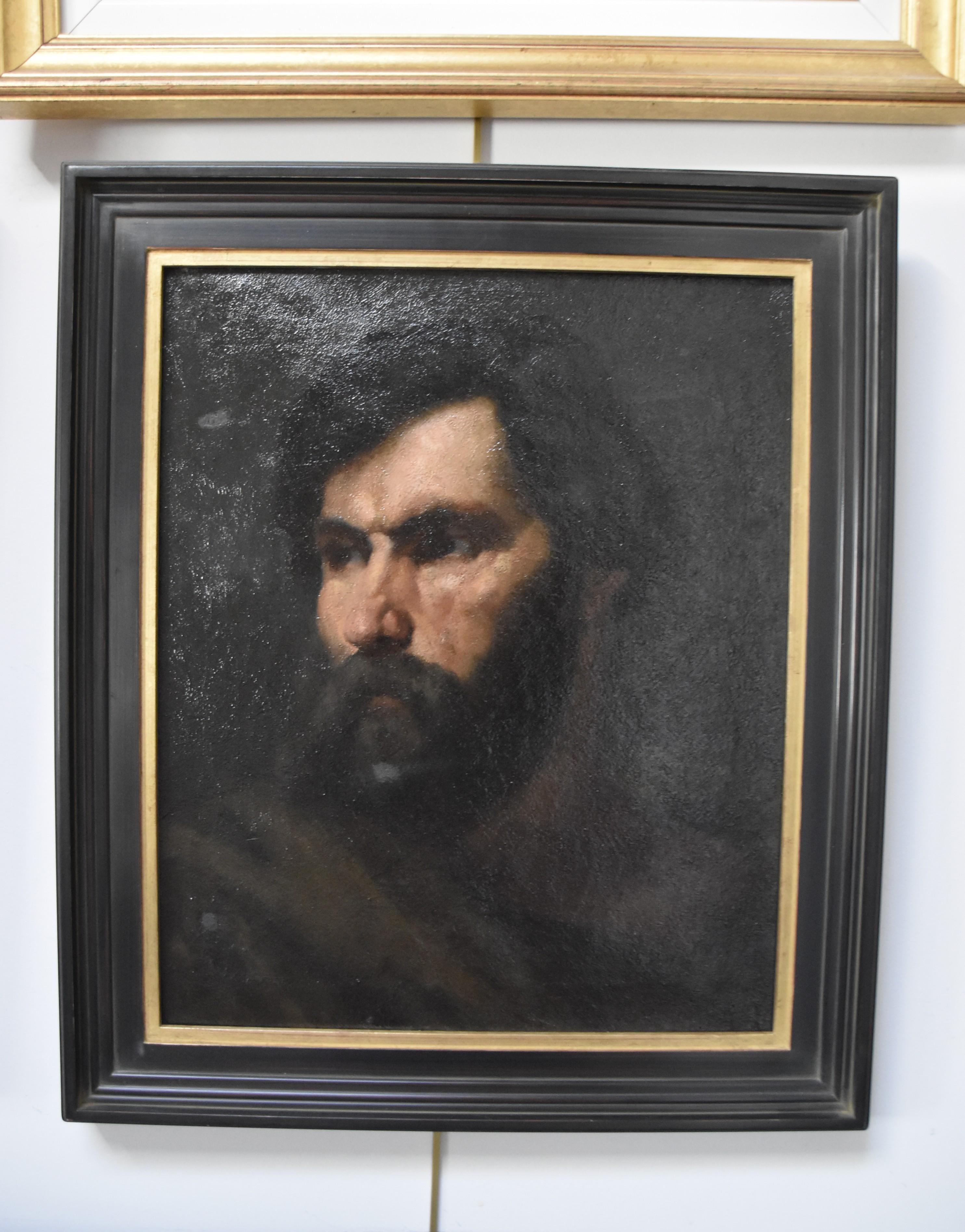 French Romantic School, 19th Century,  Manly head of bearded man, oil on canvas - Painting by Unknown