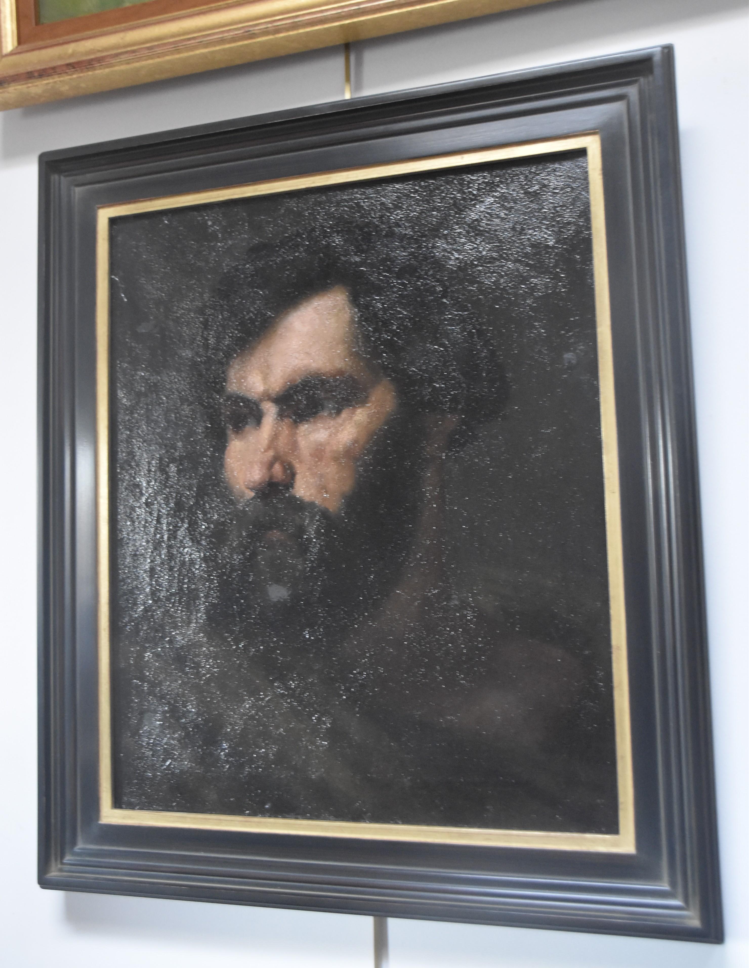 Französische romantische Schule, 19. Jahrhundert,  Mannlicher Kopf eines bearded Mannes, Öl auf Leinwand (Schwarz), Figurative Painting, von Unknown
