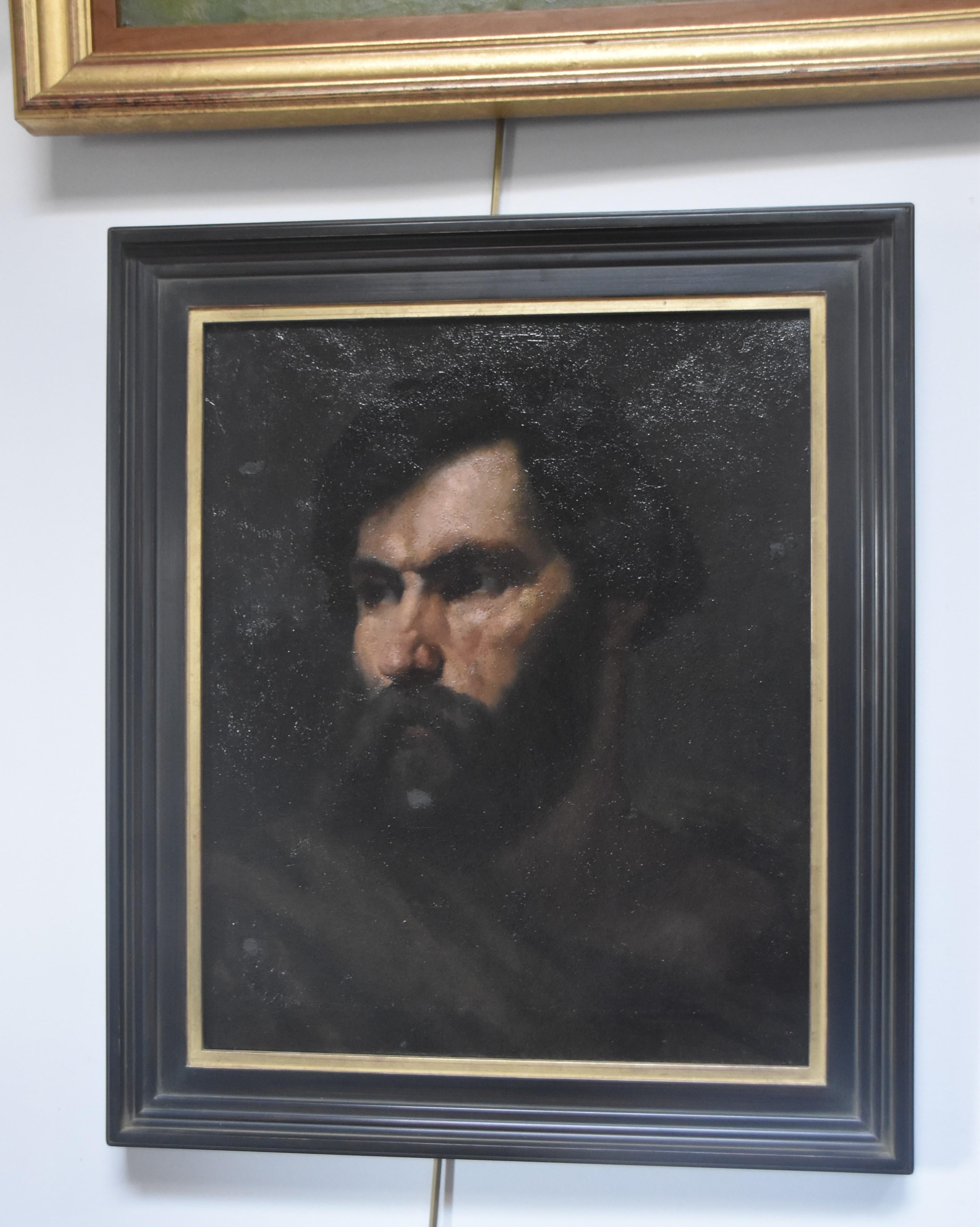French Romantic School, 19th Century,  Manly head of bearded man, oil on canvas - Black Figurative Painting by Unknown